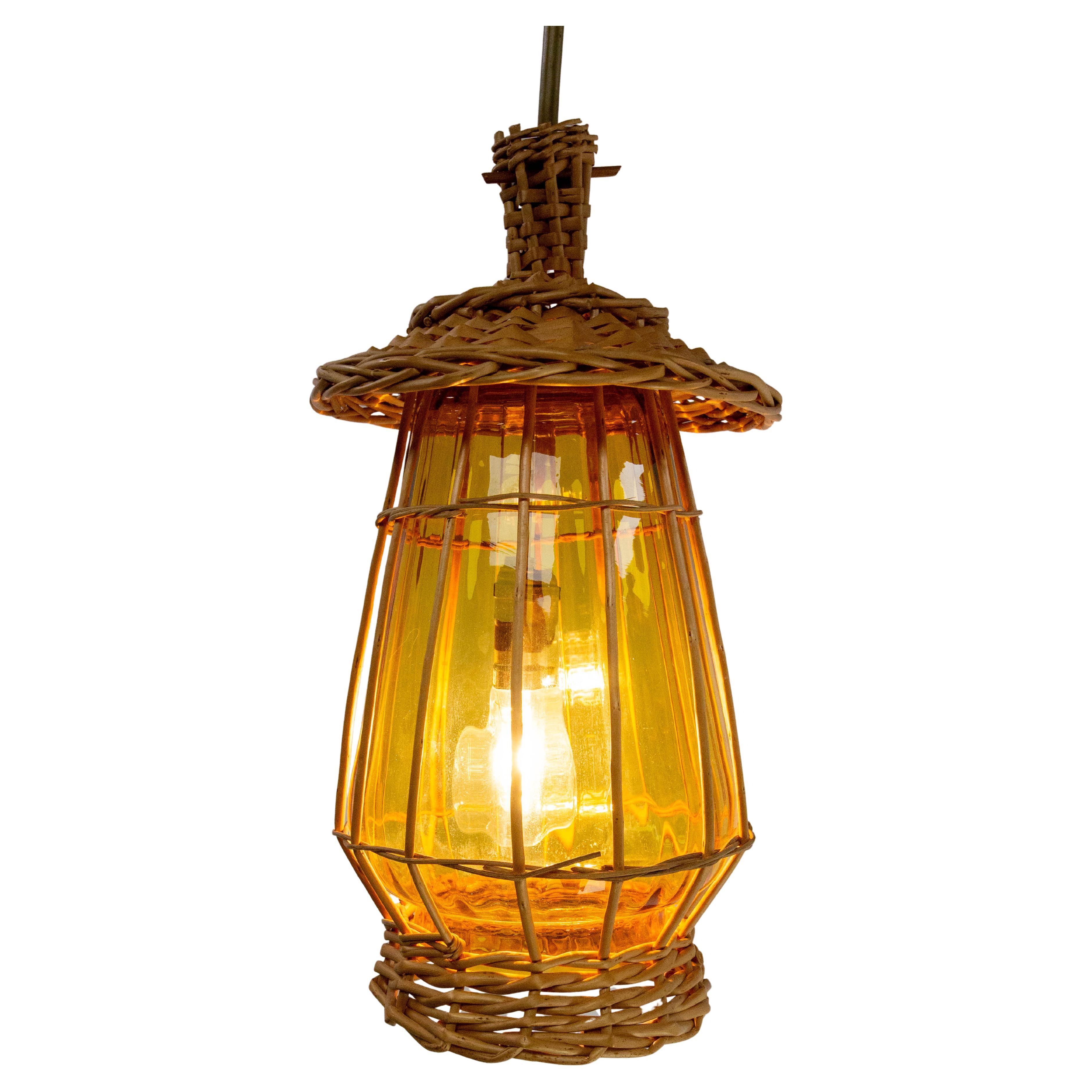 French Ceiling Pendant Yellow Glass & Wicker Chandelier, Lanterne Style, c 1970