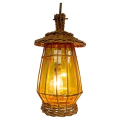 French Ceiling Pendant Yellow Glass & Wicker Chandelier, Lanterne Style, c 1970
