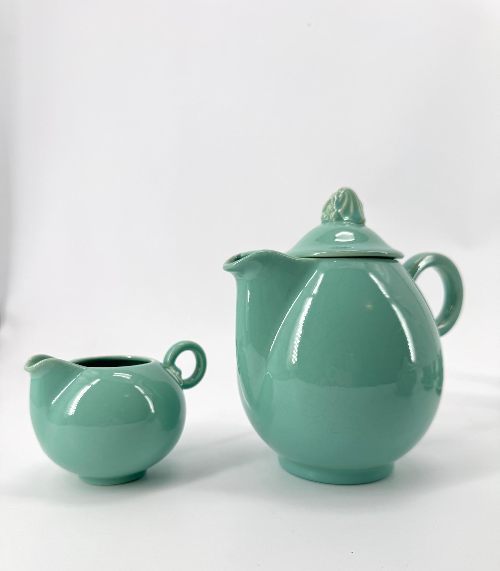 Milieu du XXe siècle French Celadon Art Deco Tea and Coffee Set by Marcel Goupy Rouard for 12 p en vente