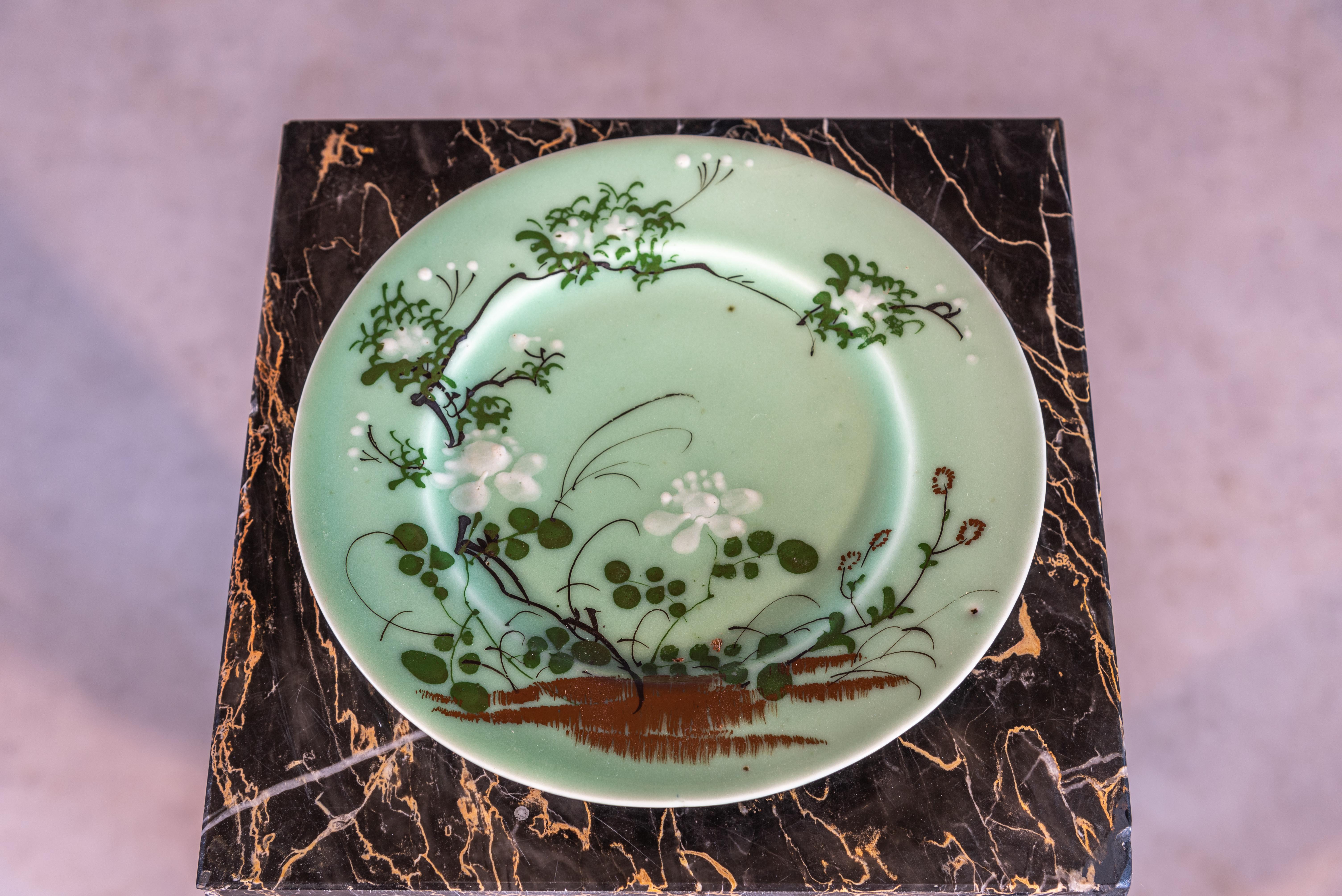 Art Nouveau French Celadon Bowl & Plate For Sale