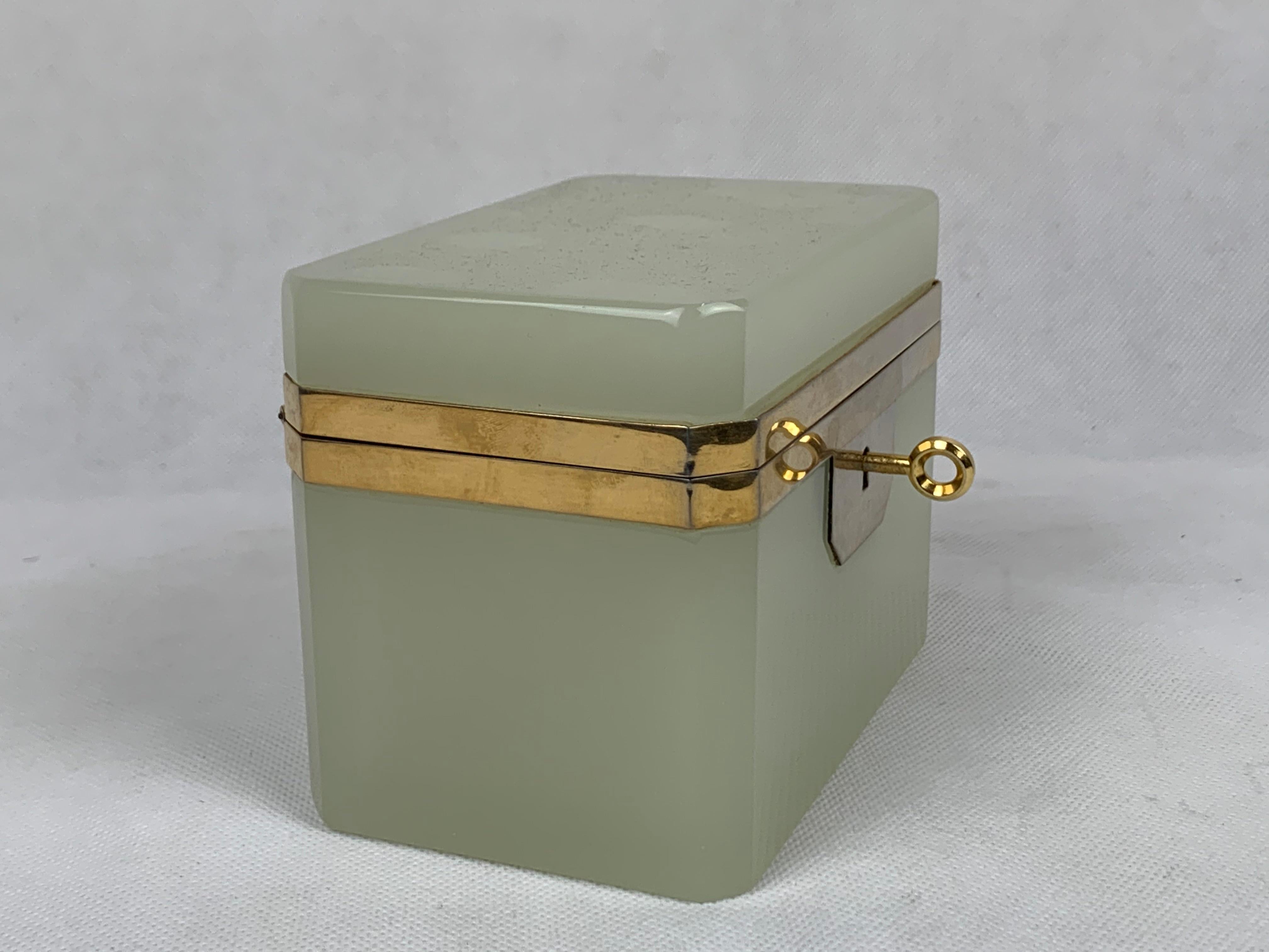  French Hinged Celadon Opaline Glass Box with Gilt Frame & Key 2