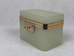 French Hinged Celadon Opaline Glass Box with Gilt Frame & Key