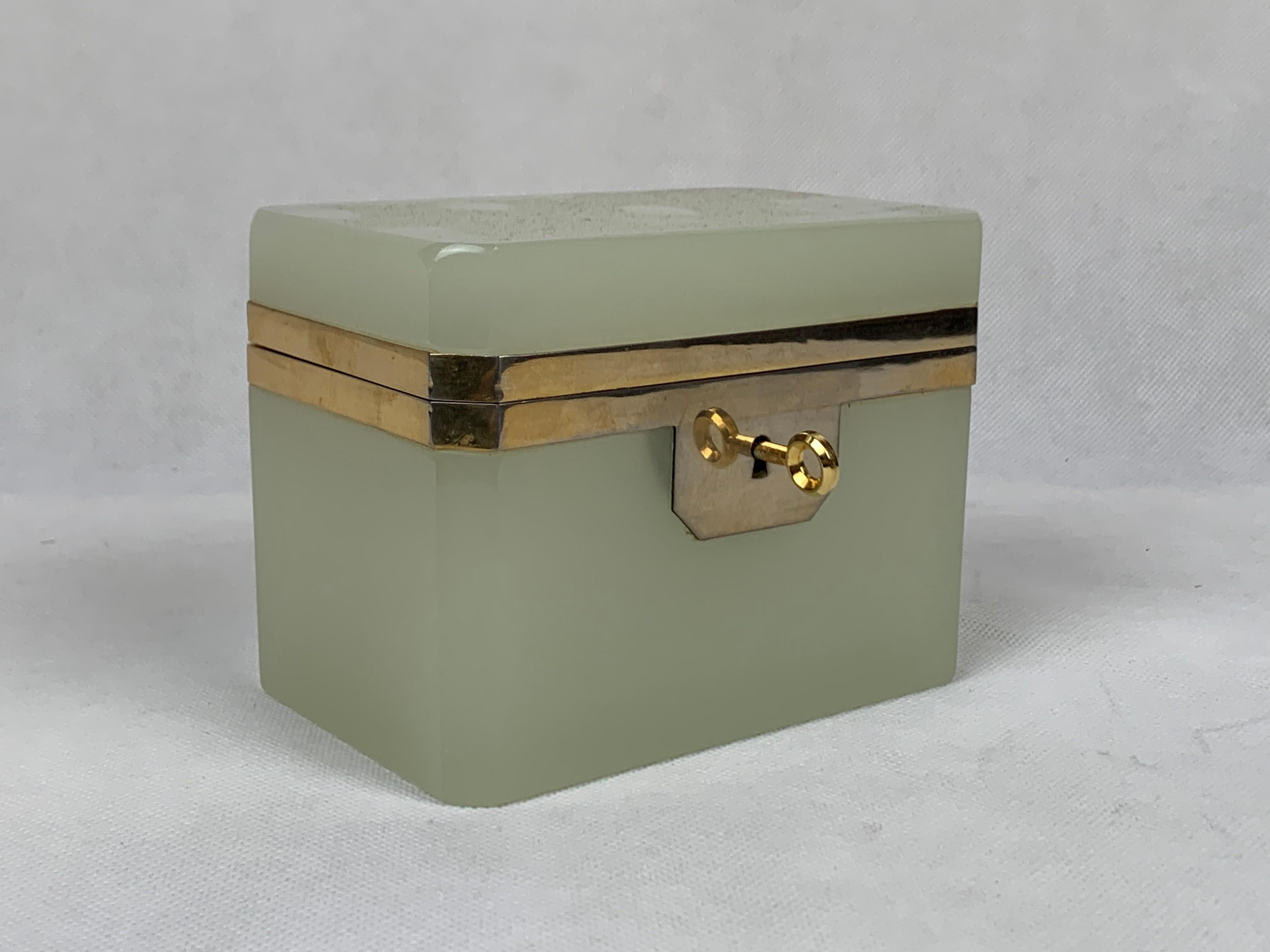 Belle Époque  French Hinged Celadon Opaline Glass Box with Gilt Frame & Key