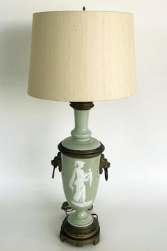 French Celadon Pâte-sur-pâte Porcelain Lamps with Custom Shantung Silk Shades PR