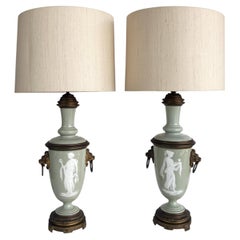 French Celadon Pâte-sur-pâte Porcelain Lamps with Custom Shantung Silk Shades PR