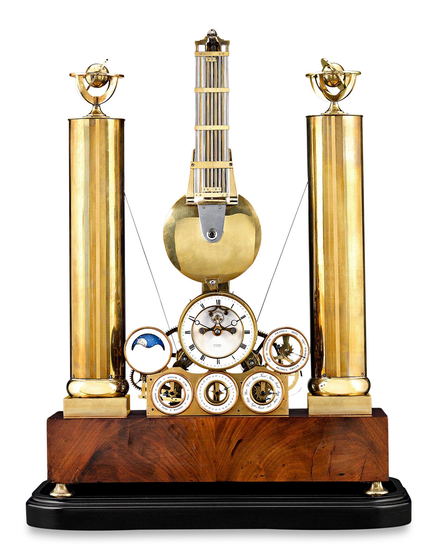 This Louis-Philippe-era skeleton clock is a fine example of mid-19th century clockmaking. Retailed by Jouffroy of Paris, the celestial-themed timepiece has six dials for indicating the time, day of the week, date, month, and moon phase, as well as