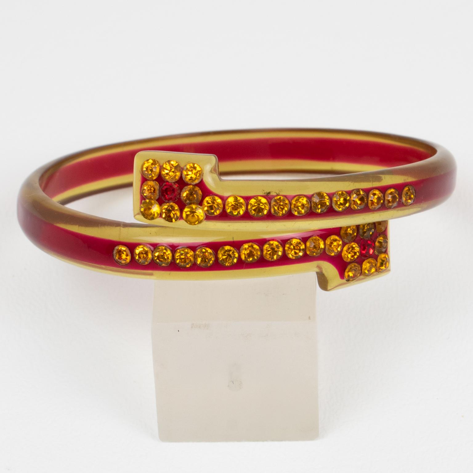 Art Deco French Celluloid Bracelet Geometric Bypass Bangle with Orange and Red Crystal For Sale