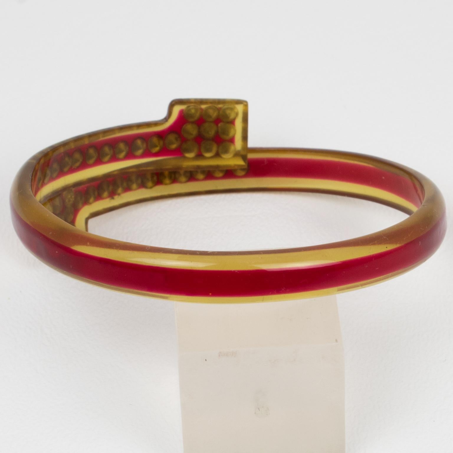 French Celluloid Bracelet Geometric Bypass Bangle with Orange and Red Crystal In Good Condition For Sale In Atlanta, GA