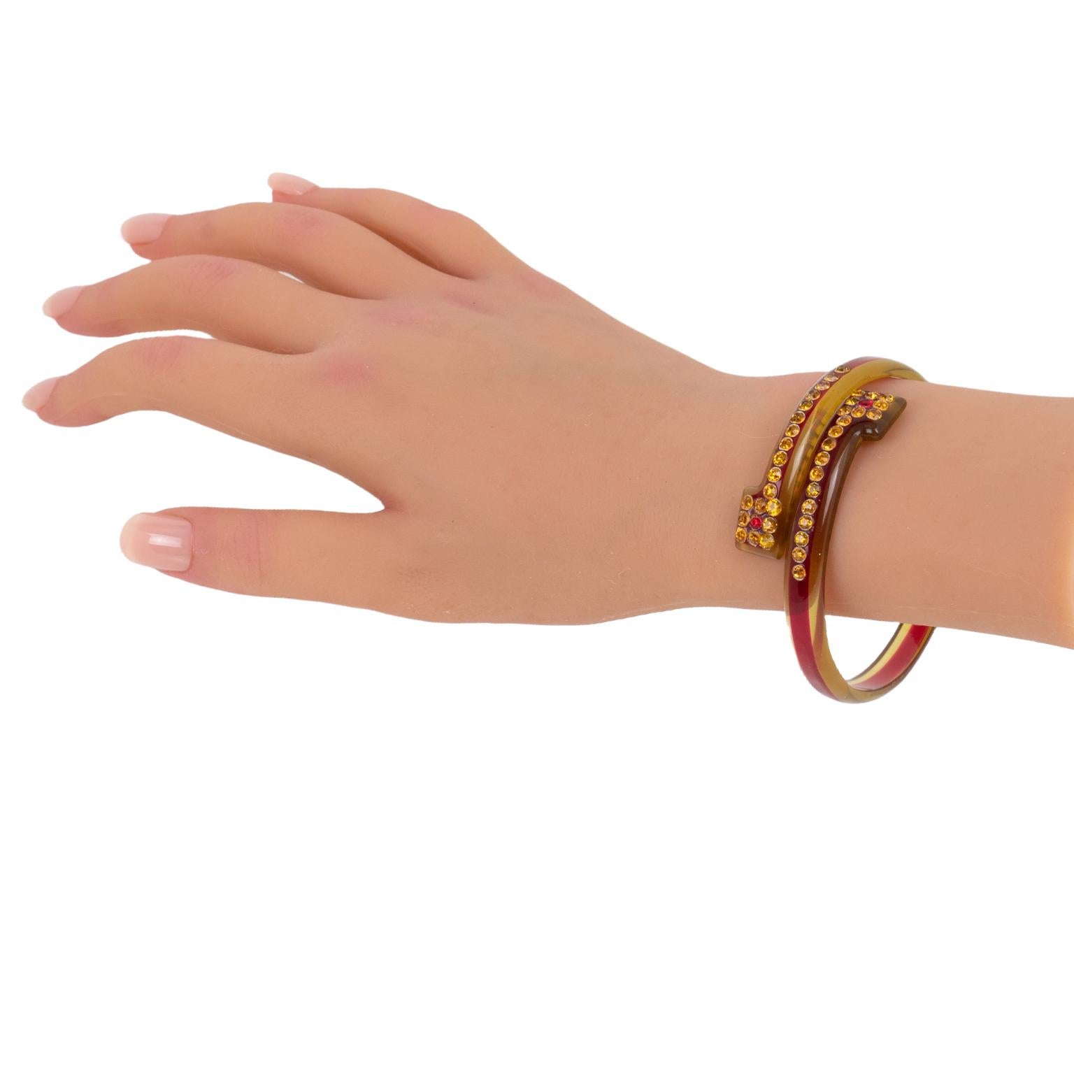 Women's or Men's French Celluloid Bracelet Geometric Bypass Bangle with Orange and Red Crystal For Sale