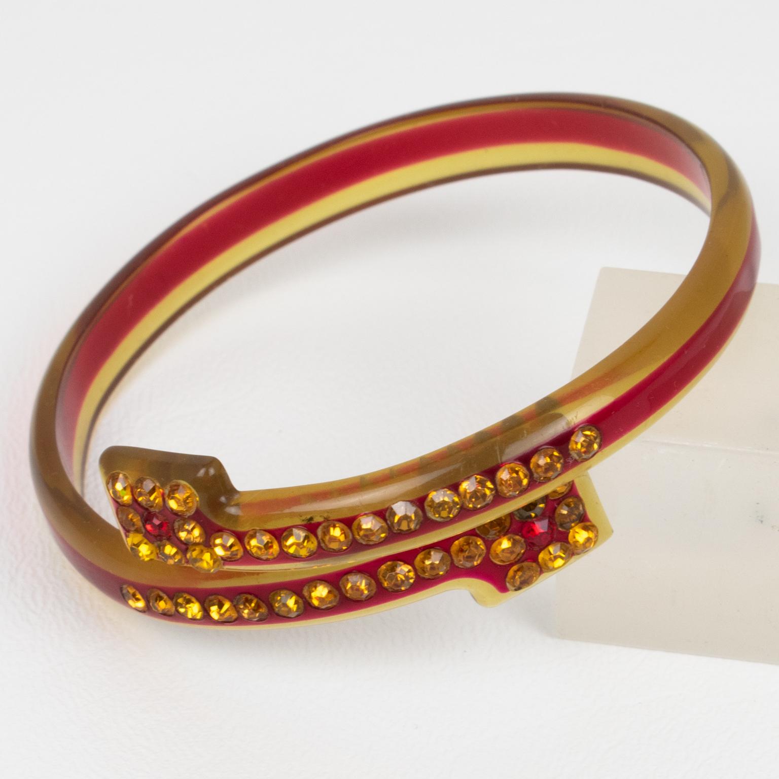 French Celluloid Bracelet Geometric Bypass Bangle with Orange and Red Crystal For Sale 1