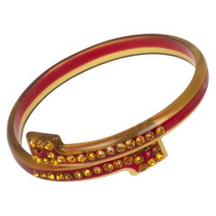 French Celluloid Bracelet Geometric Bypass Bangle with Orange and Red Crystal
