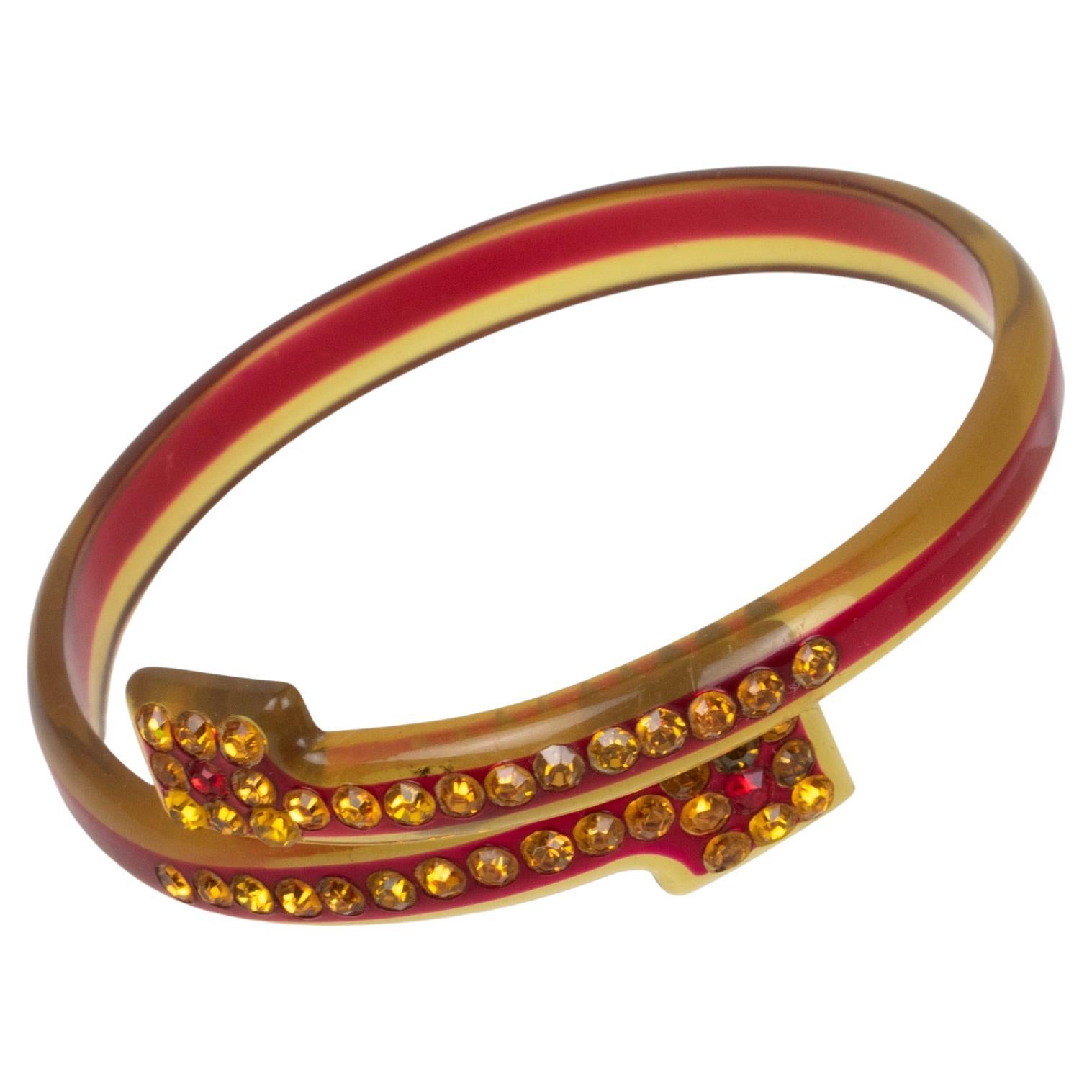 French Celluloid Bracelet Geometric Bypass Bangle with Orange and Red Crystal For Sale