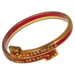 Antique French Celluloid Bracelet Geometric Bypass Bangle with Orange and Red Crystal