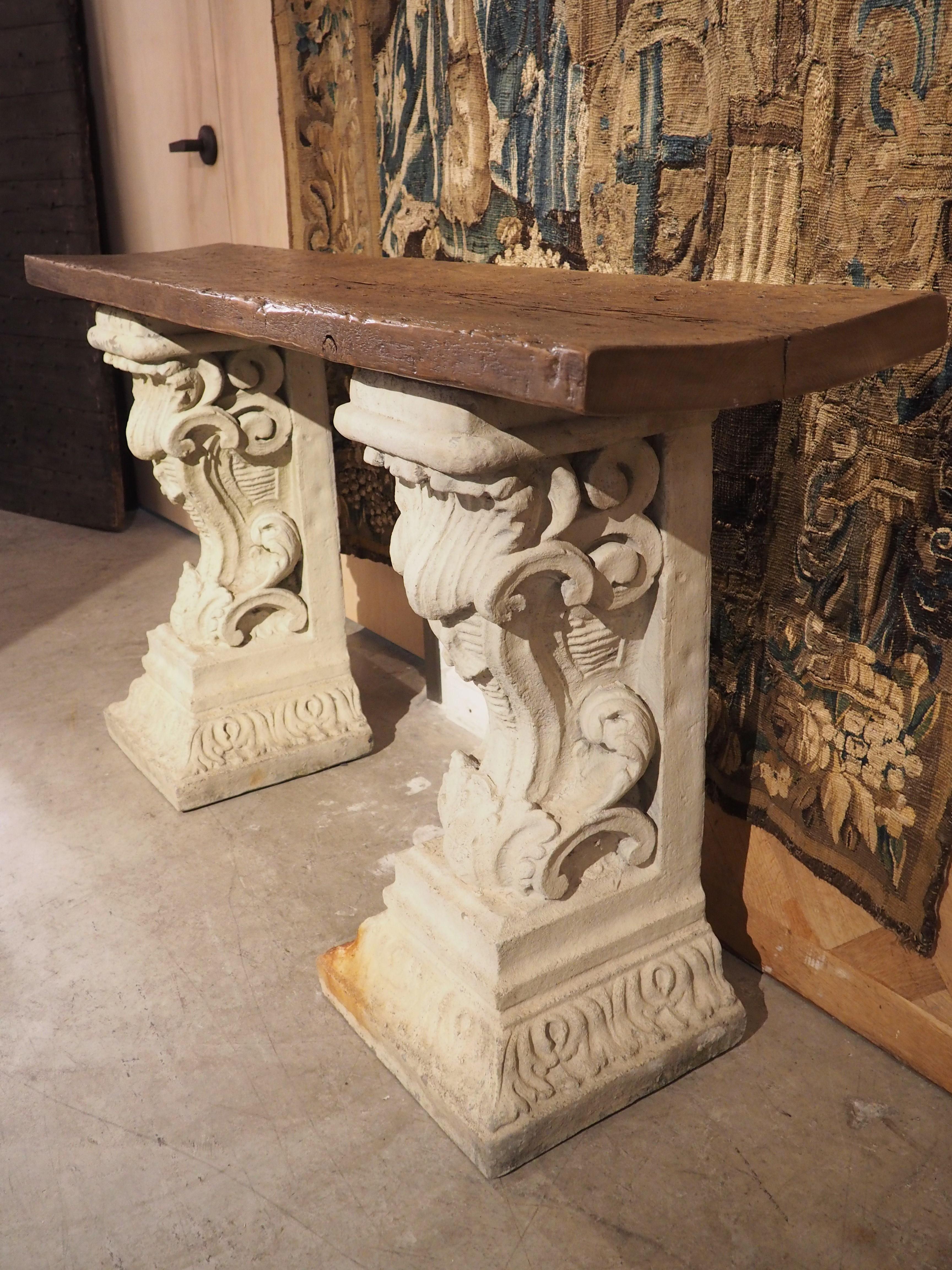 French Cement Corbels Console Table with Antique Plank Top 4