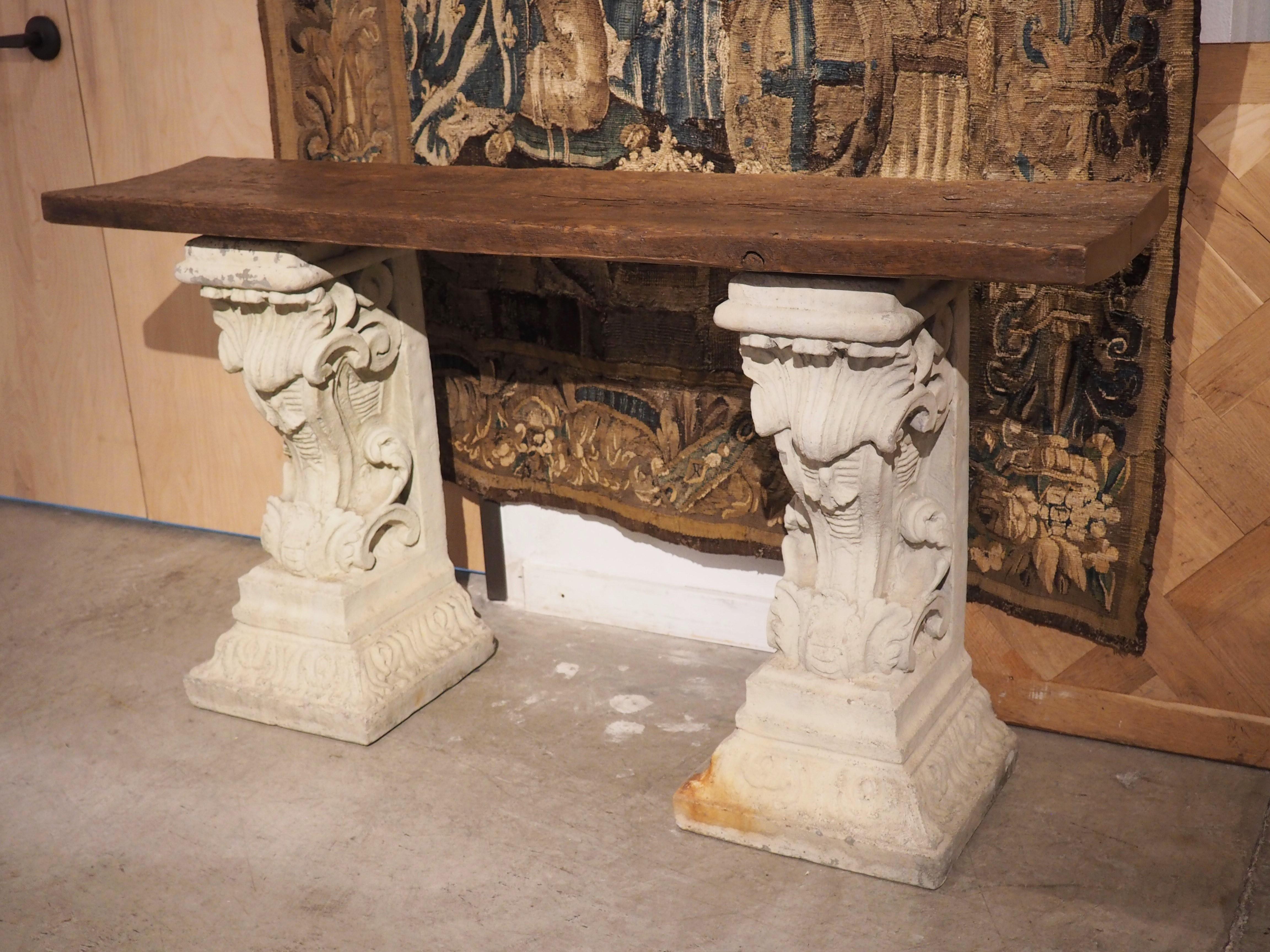 French Cement Corbels Console Table with Antique Plank Top 10