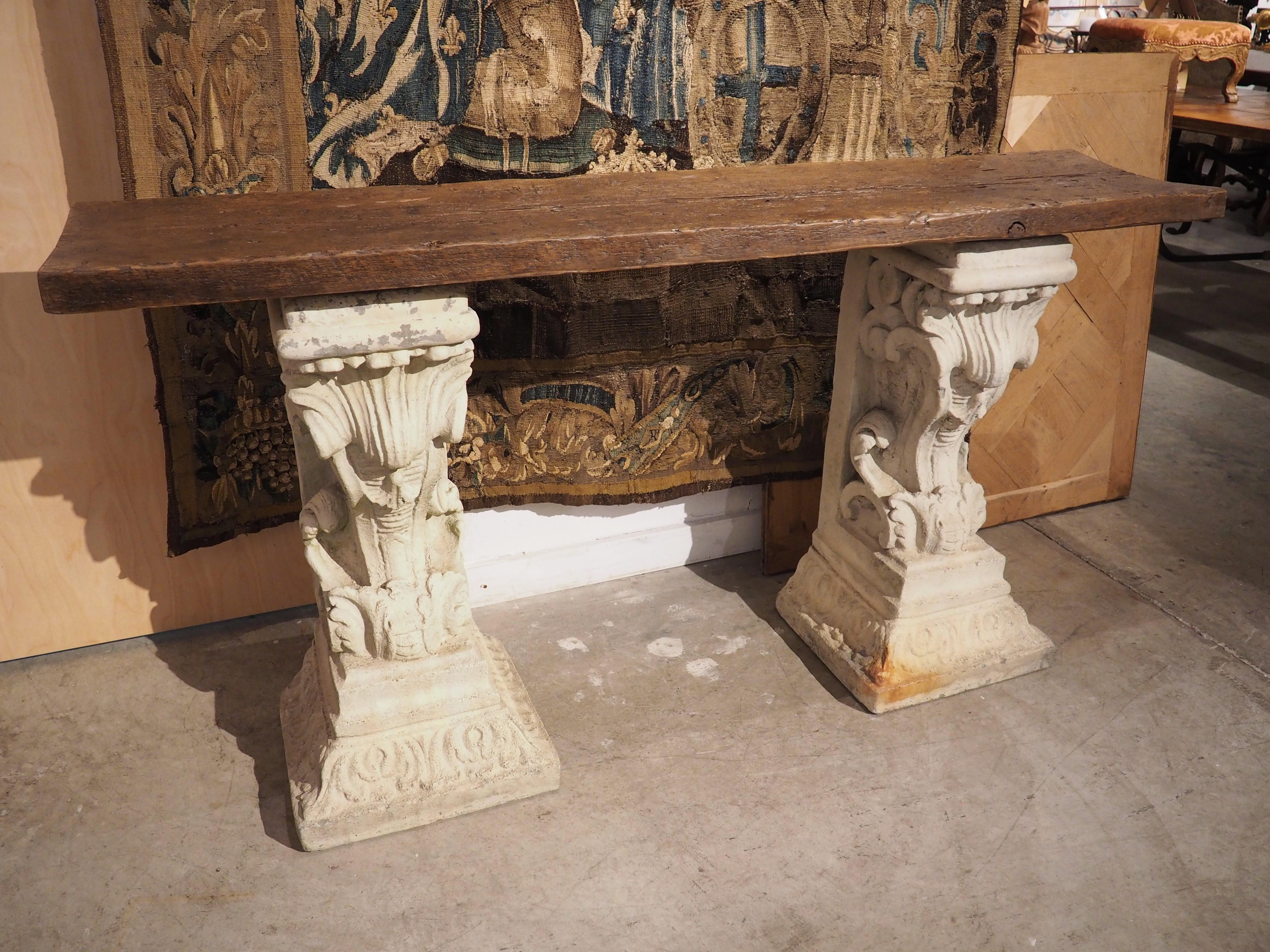 Pine French Cement Corbels Console Table with Antique Plank Top
