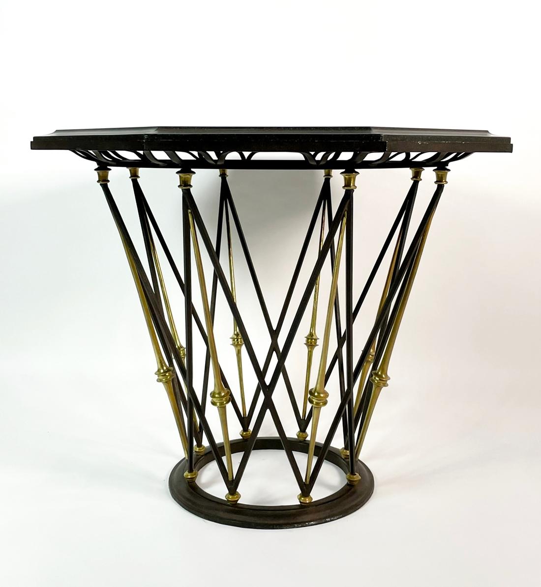 Regency French Center Table in Brass & Wrought Iron with Ocatagonal Slate Top For Sale