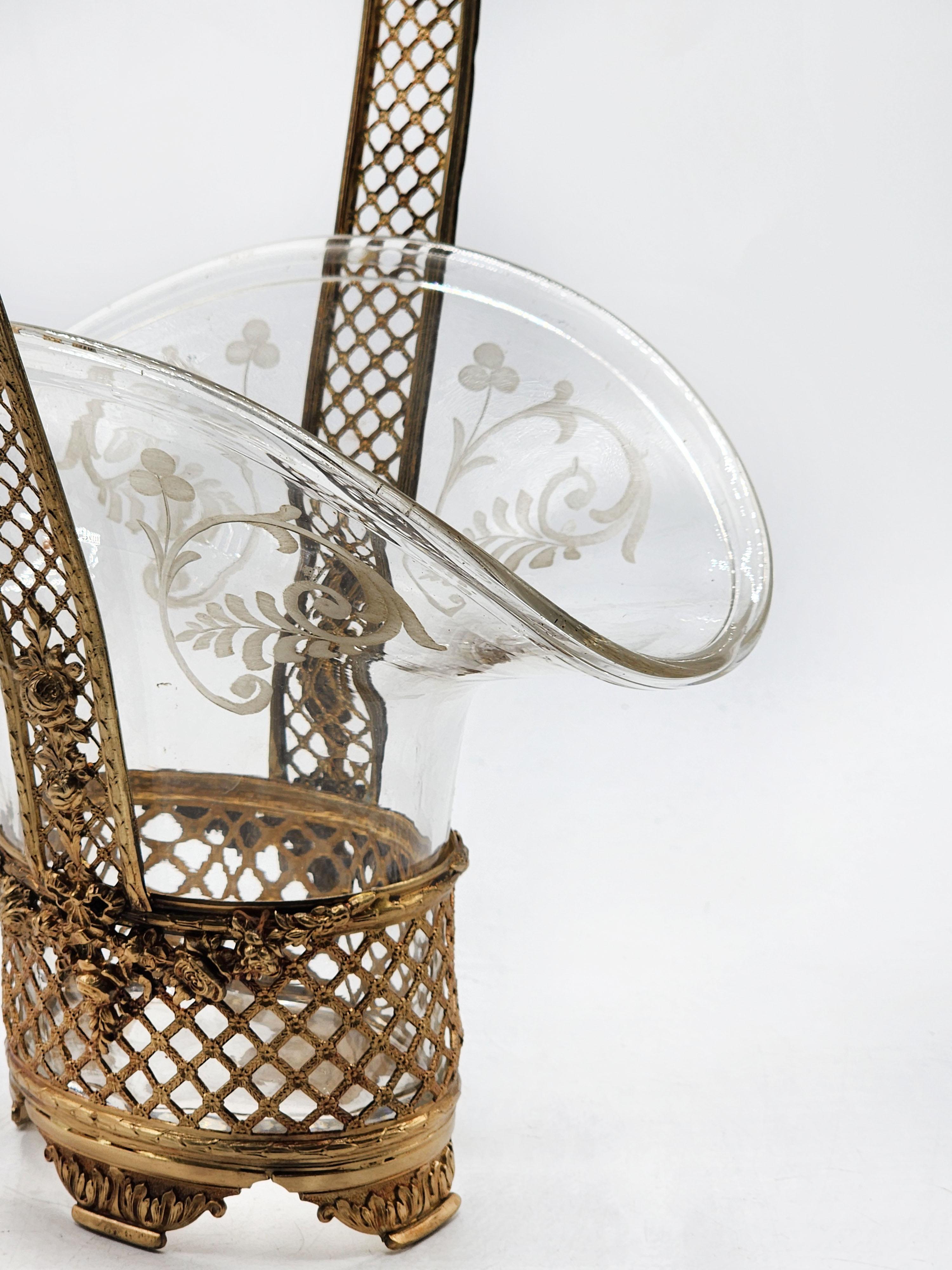 Belle Époque French Centerpiece Gilded Bronze Weave Open Crystal Basket For Sale