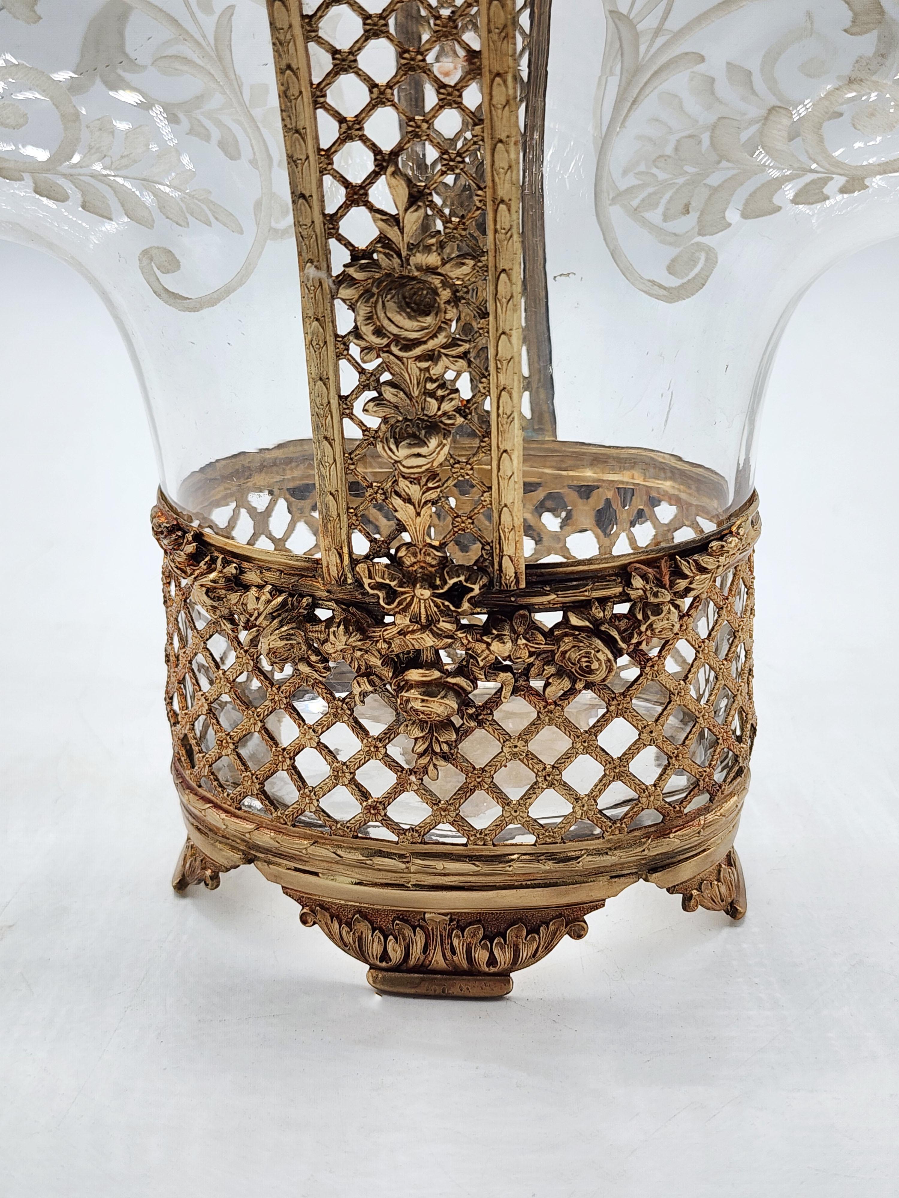 French Centerpiece Gilded Bronze Weave Open Crystal Basket For Sale 2