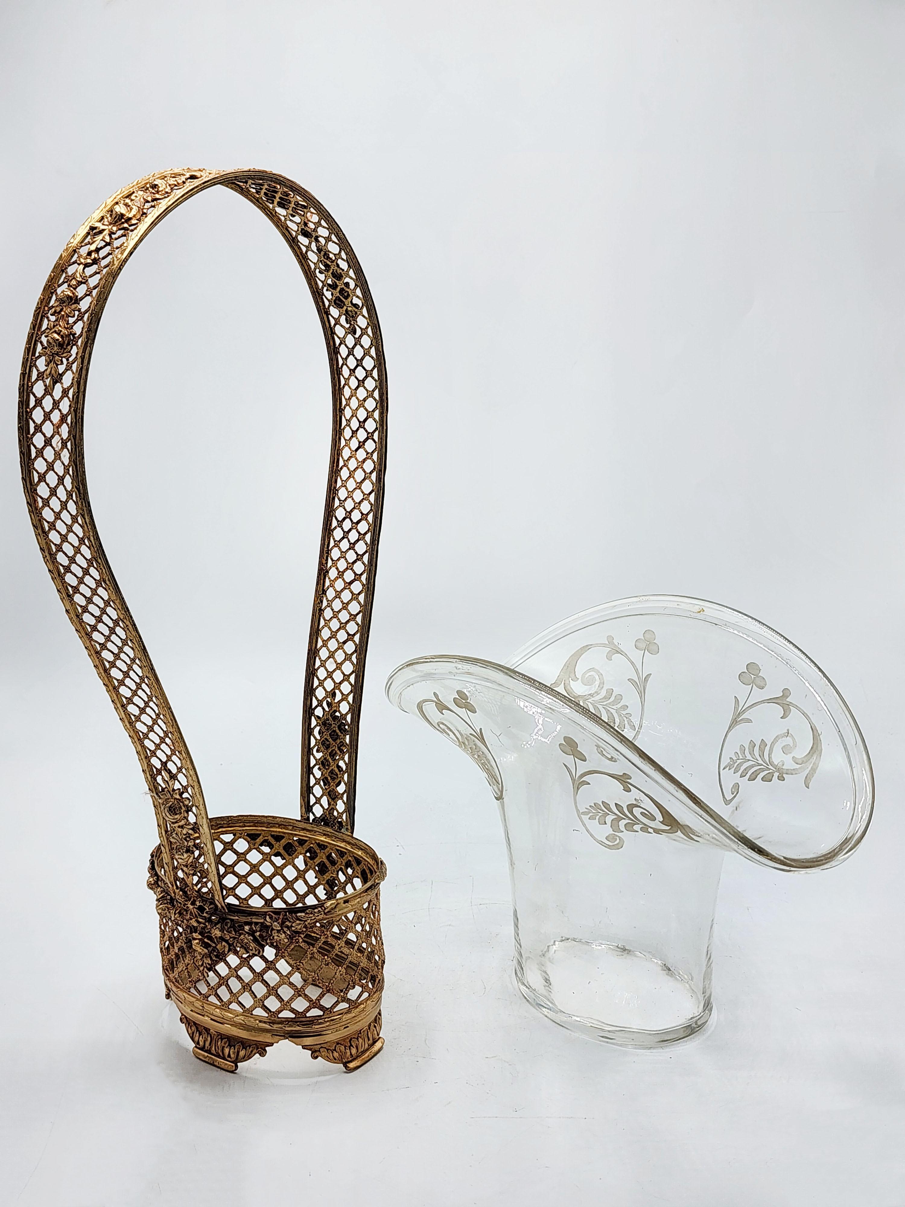 French Centerpiece Gilded Bronze Weave Open Crystal Basket For Sale 3