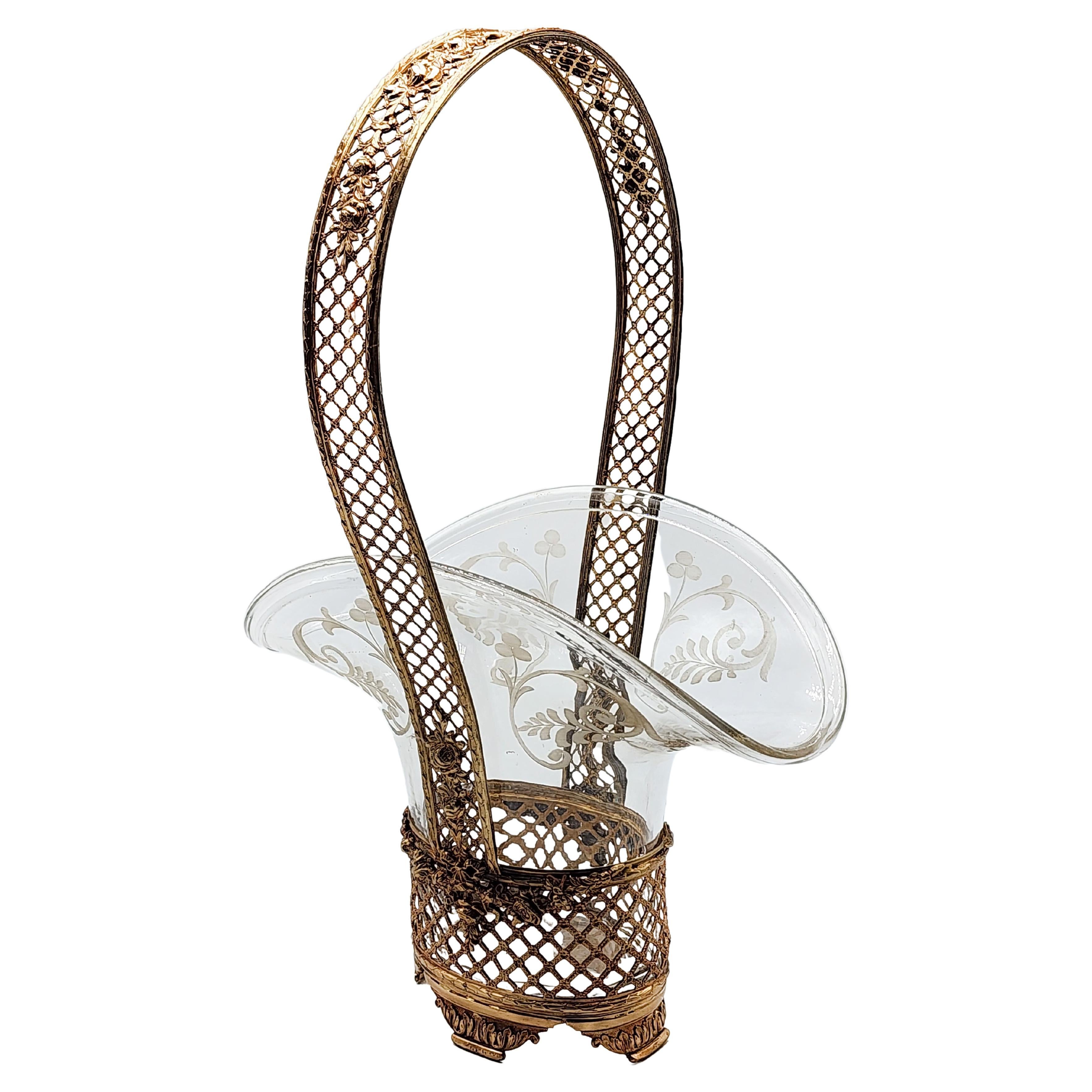 French Centerpiece Gilded Bronze Weave Open Crystal Basket For Sale