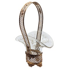 Vintage French Centerpiece Gilded Bronze Weave Open Crystal Basket