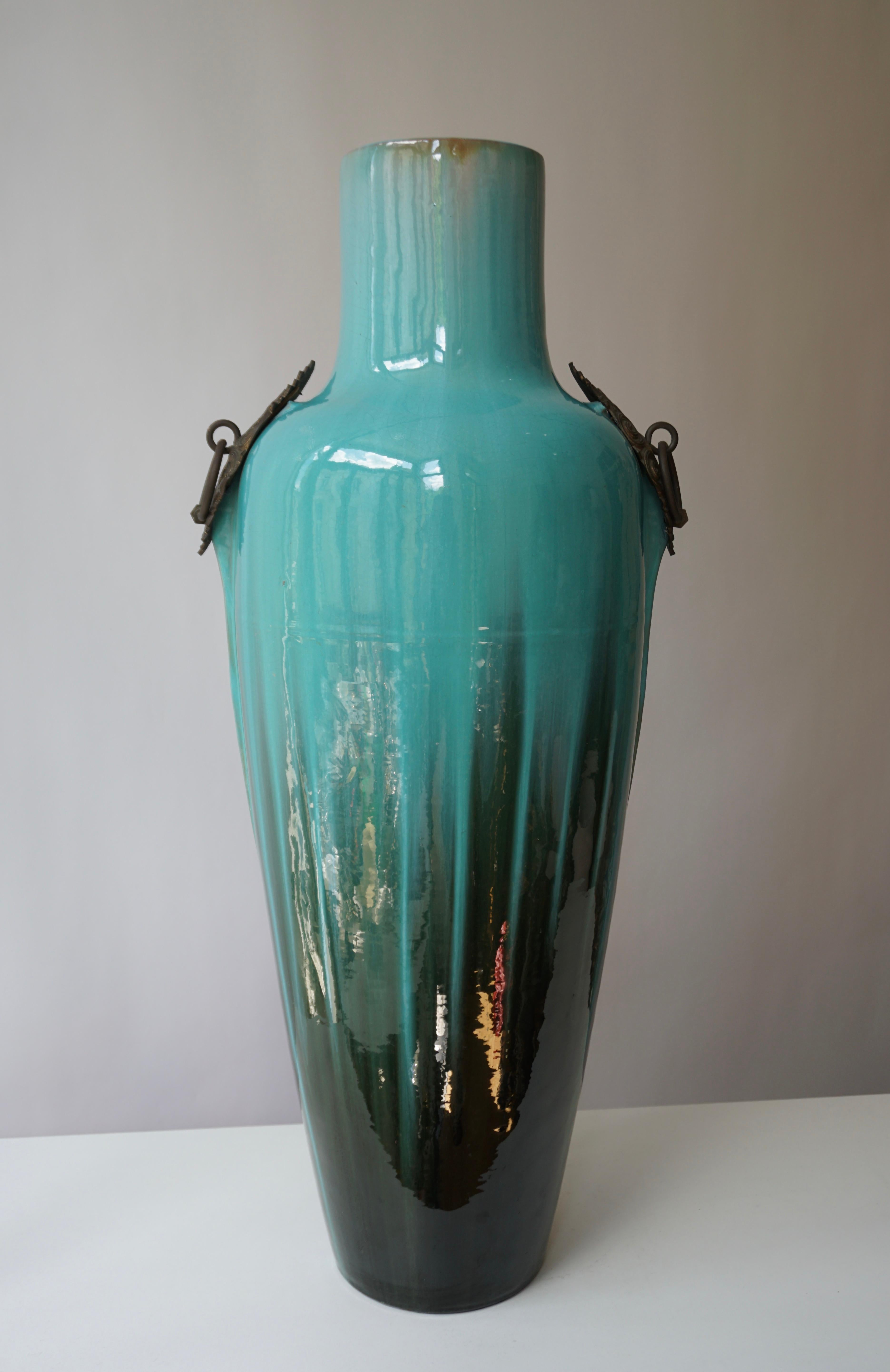 Hollywood Regency French Ceramic and Bronze Vase by Clement Massier For Sale