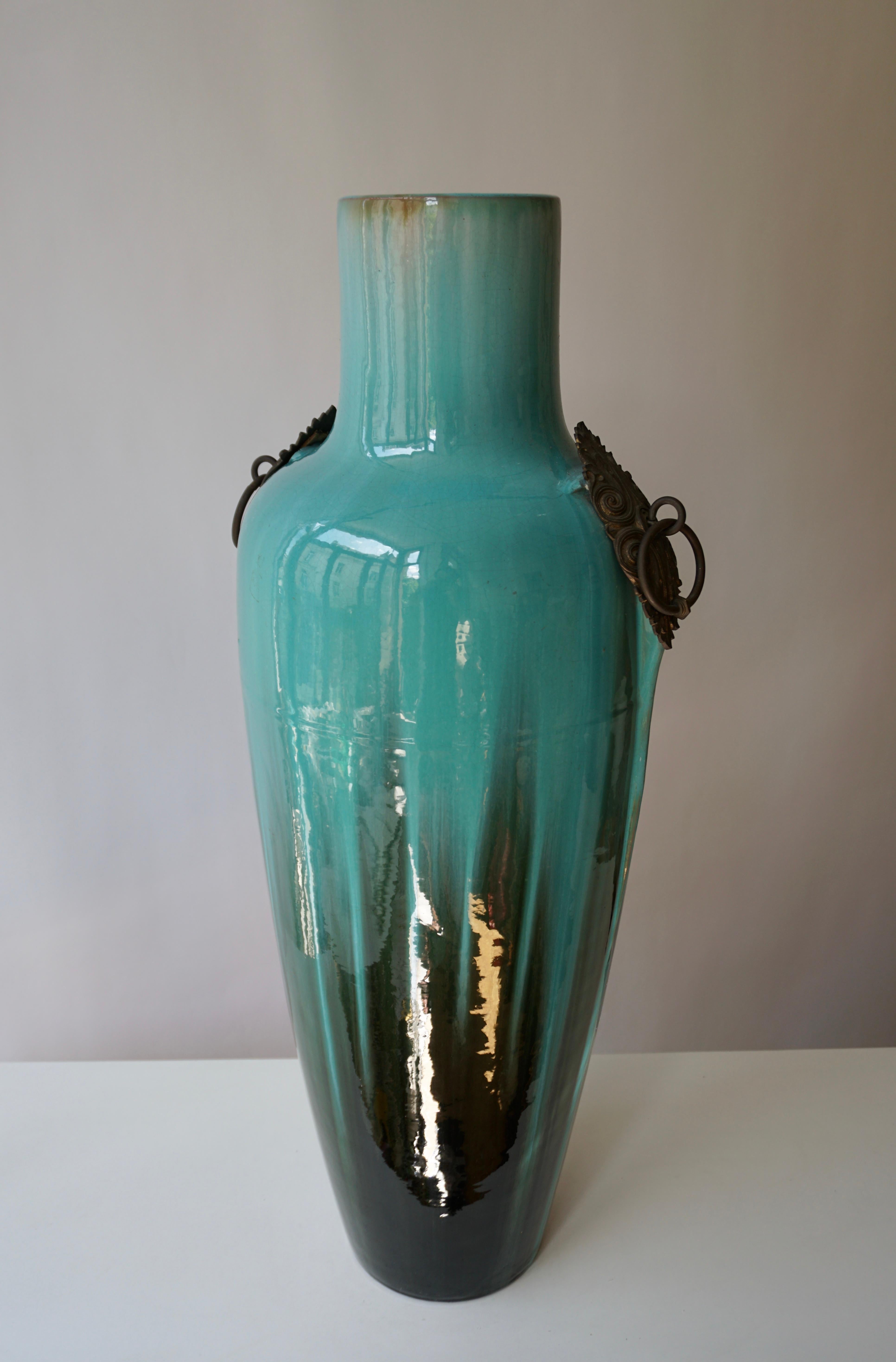 Glazed French Ceramic and Bronze Vase by Clement Massier For Sale