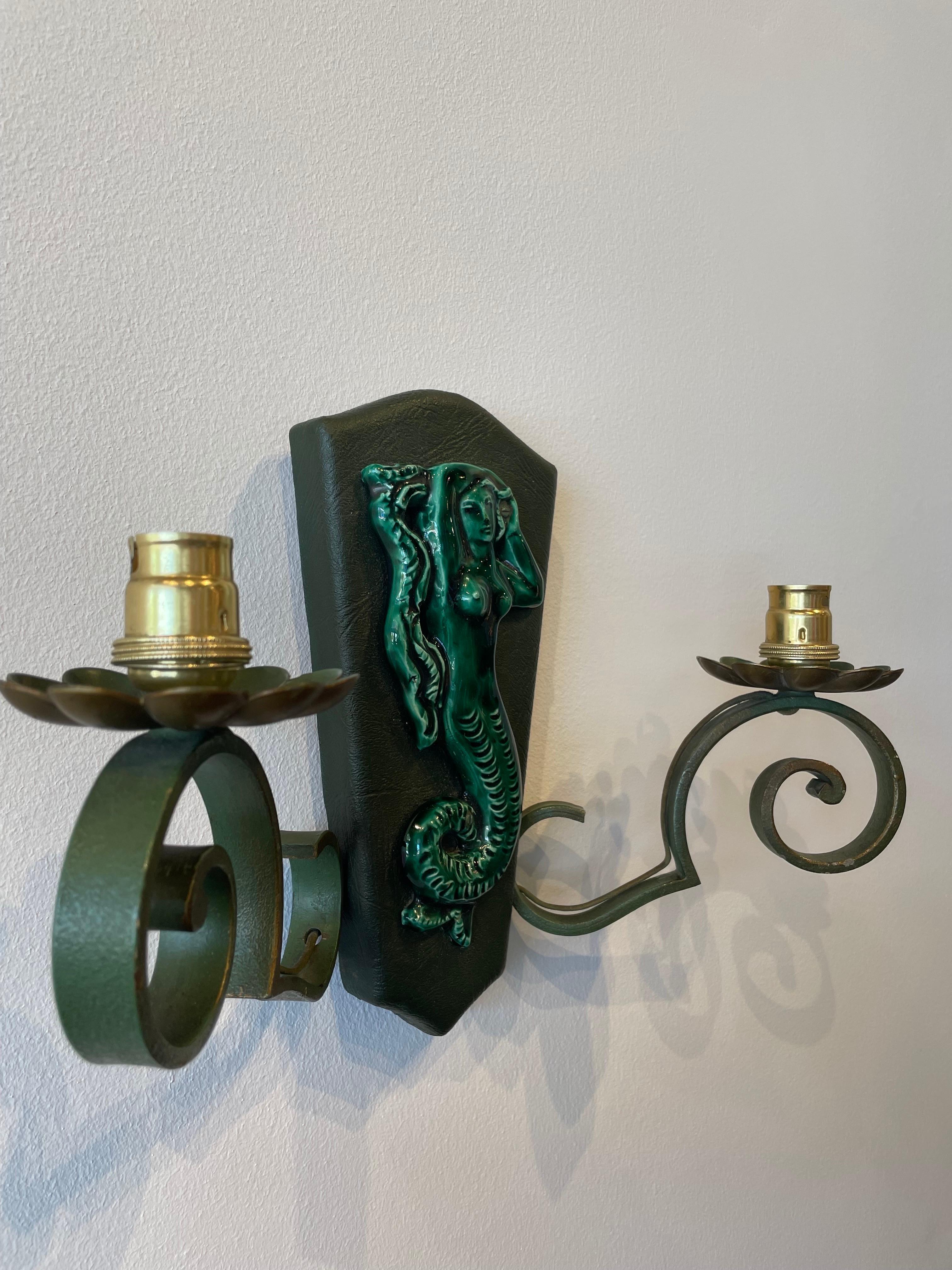 French Ceramic and Iron Trio of Wall Sconces For Sale 6