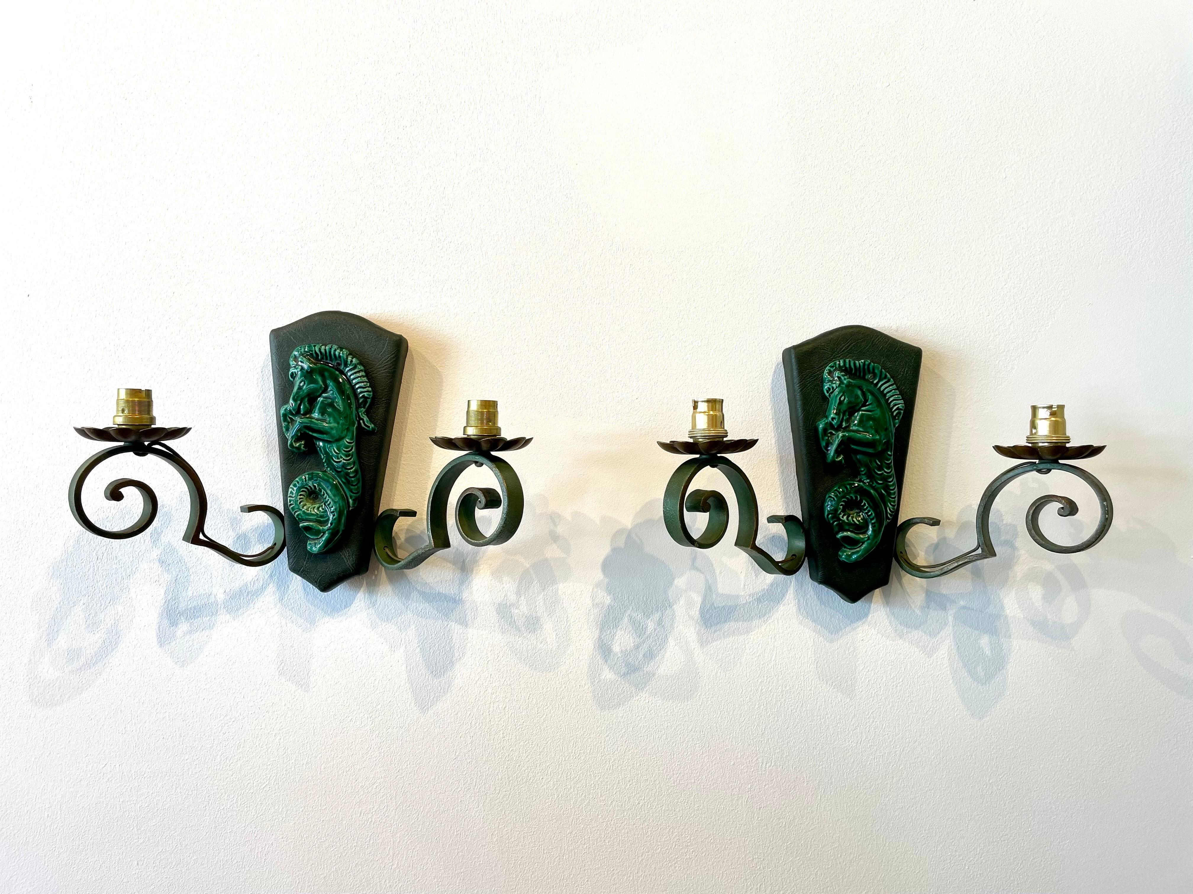 French Ceramic and Iron Trio of Wall Sconces For Sale 7