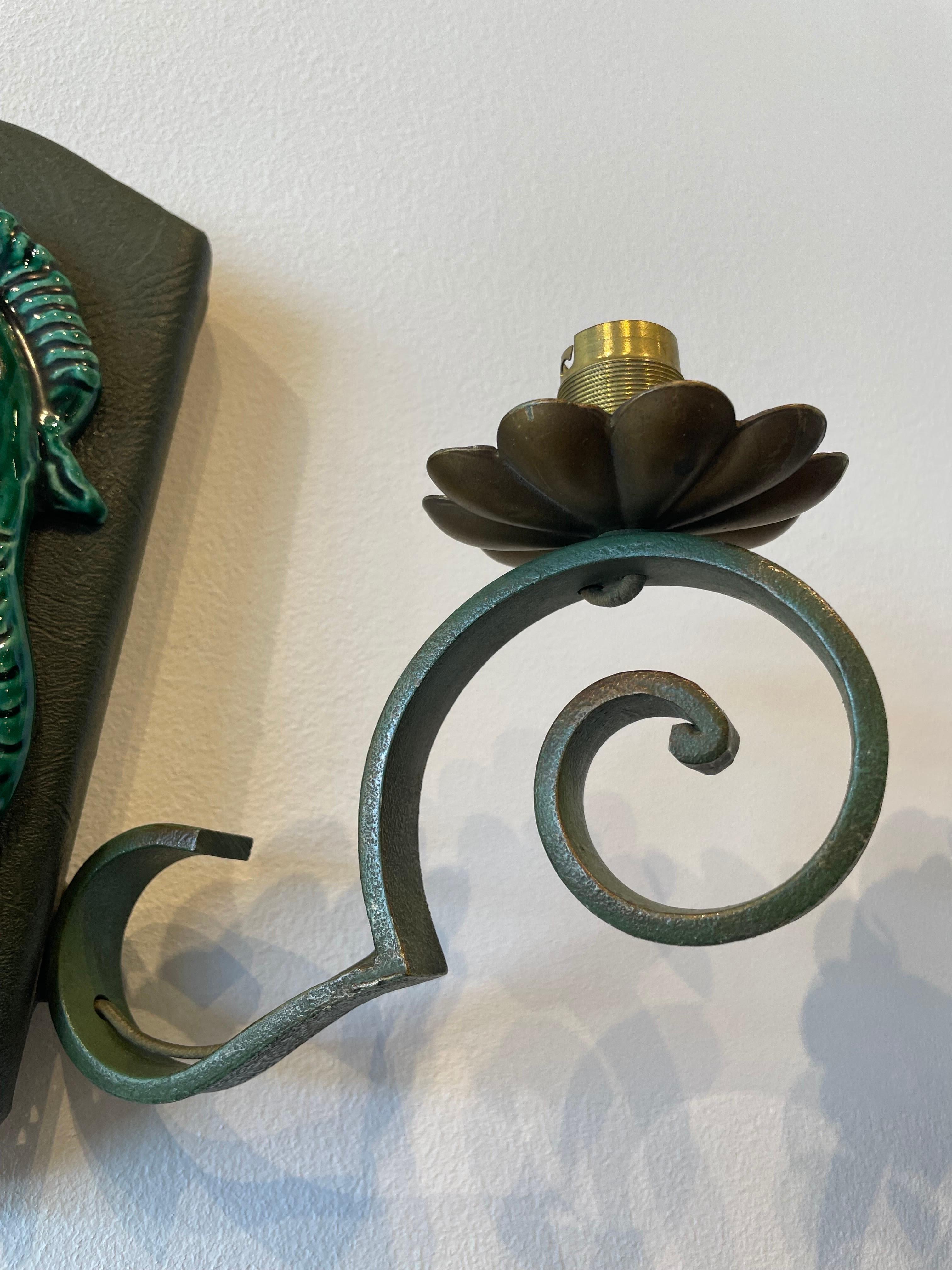 French Ceramic and Iron Trio of Wall Sconces In Good Condition For Sale In East Hampton, NY