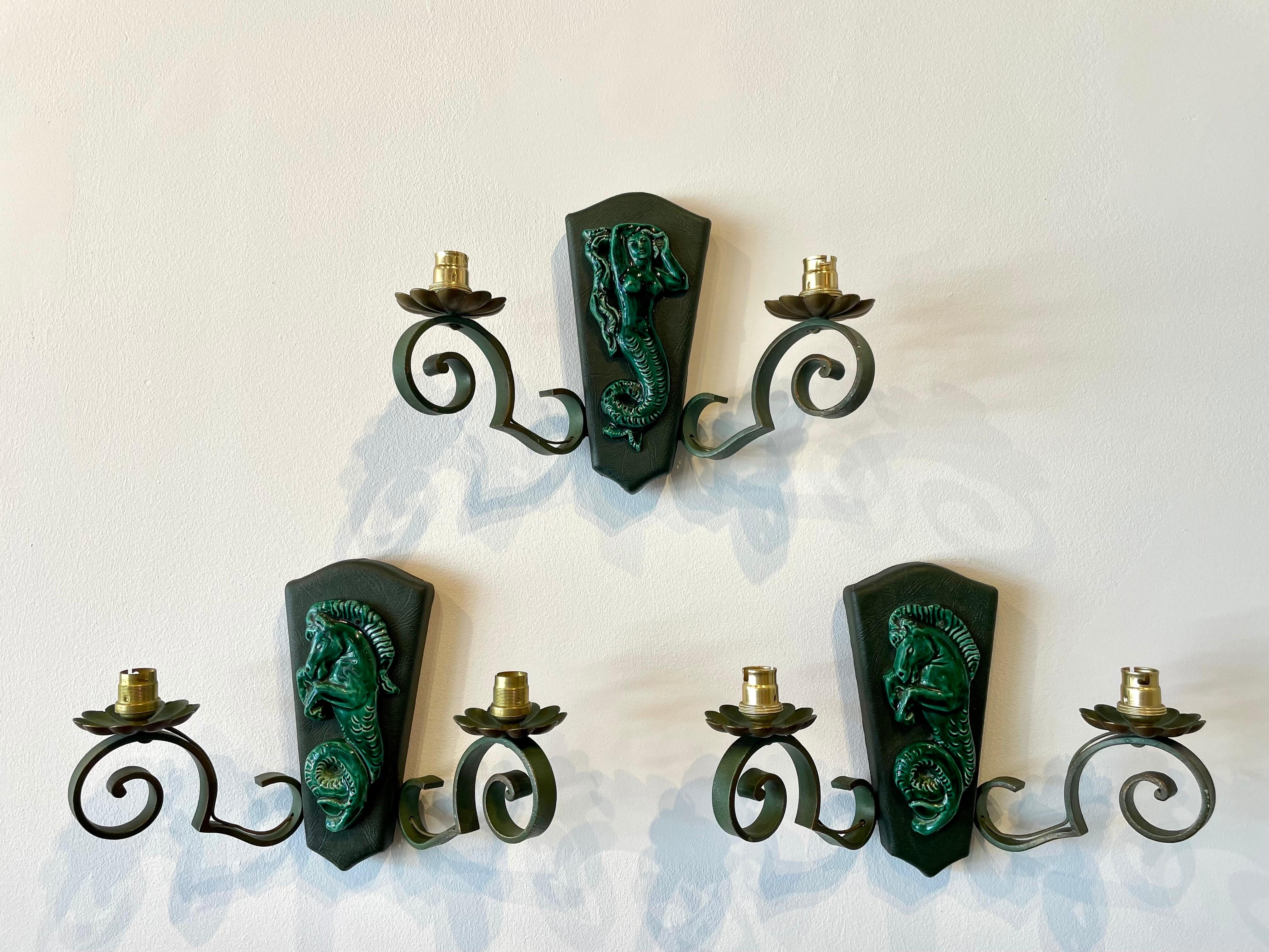 French Ceramic and Iron Trio of Wall Sconces For Sale 2