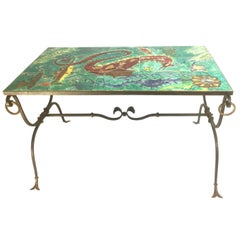 Vintage French Ceramic and Wrought Iron Sea Floor Coffee Table, 1940s