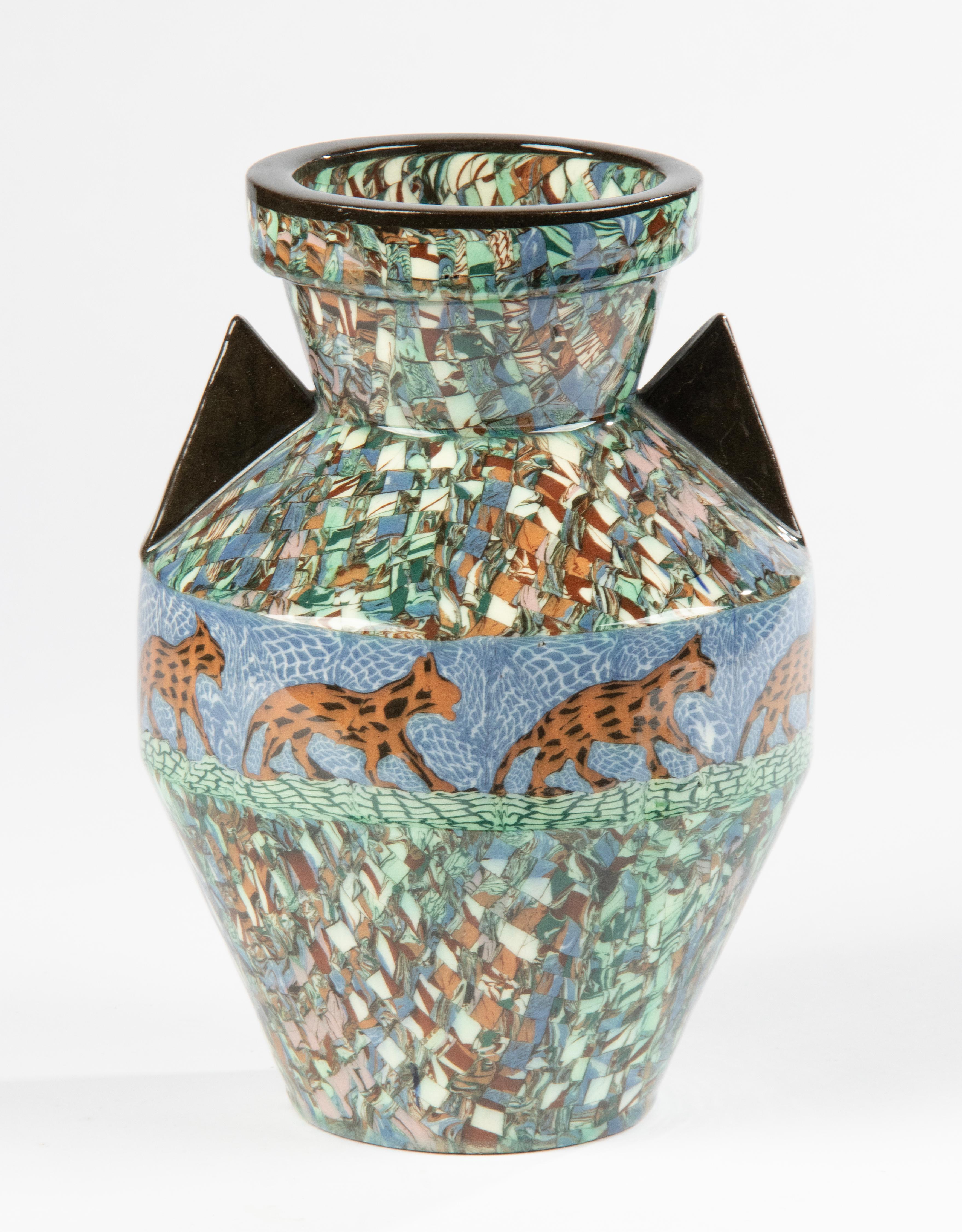 Hand-Crafted French Ceramic Art Deco Vase Designed by Jean Gerbino for Vallauris, Tigers