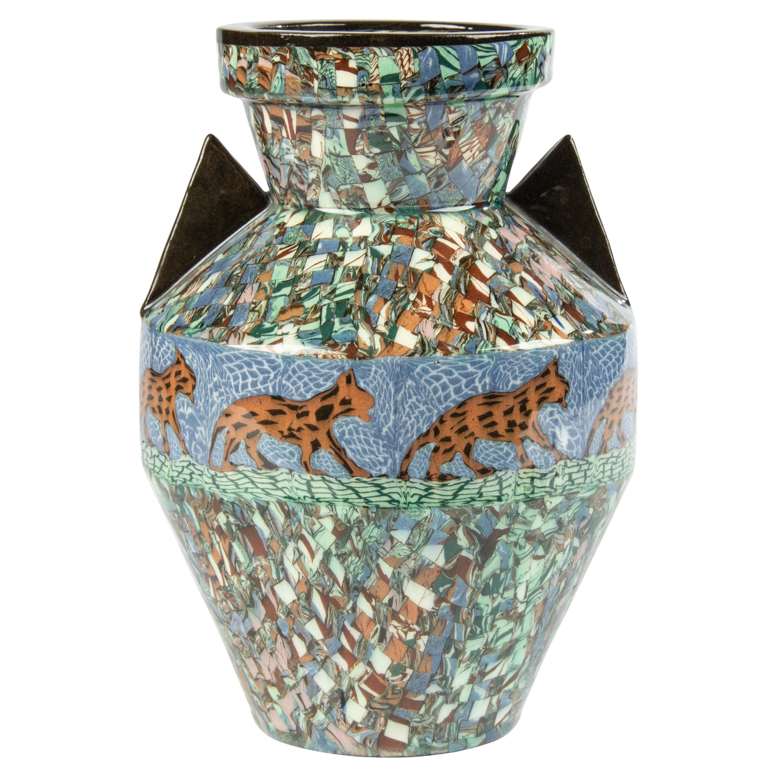 French Ceramic Art Deco Vase Designed by Jean Gerbino for Vallauris, Tigers