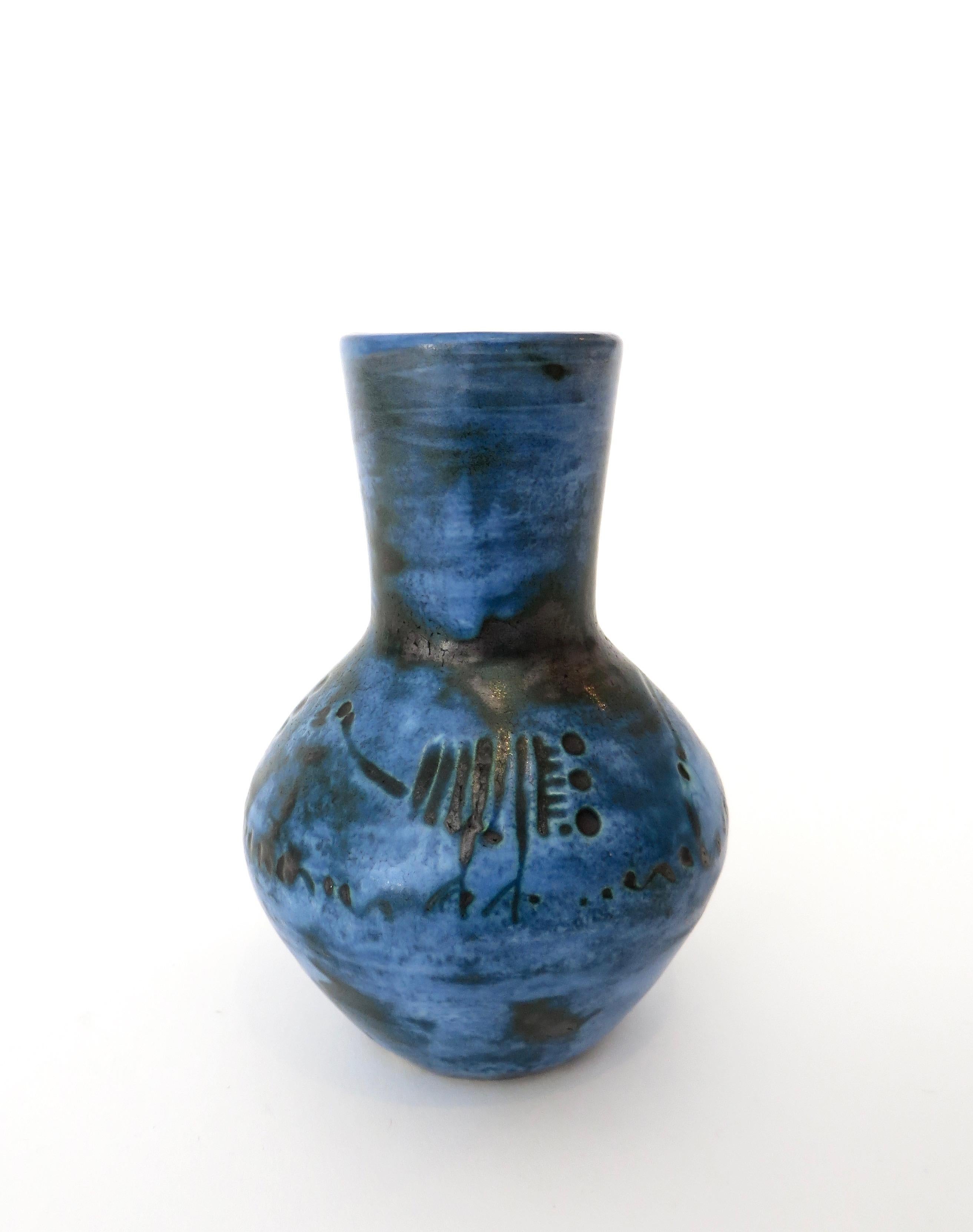 Mid-Century Modern  Jacques Blin French Dark Blue Ceramic Ceramic Vase with Sgraffito Decoration