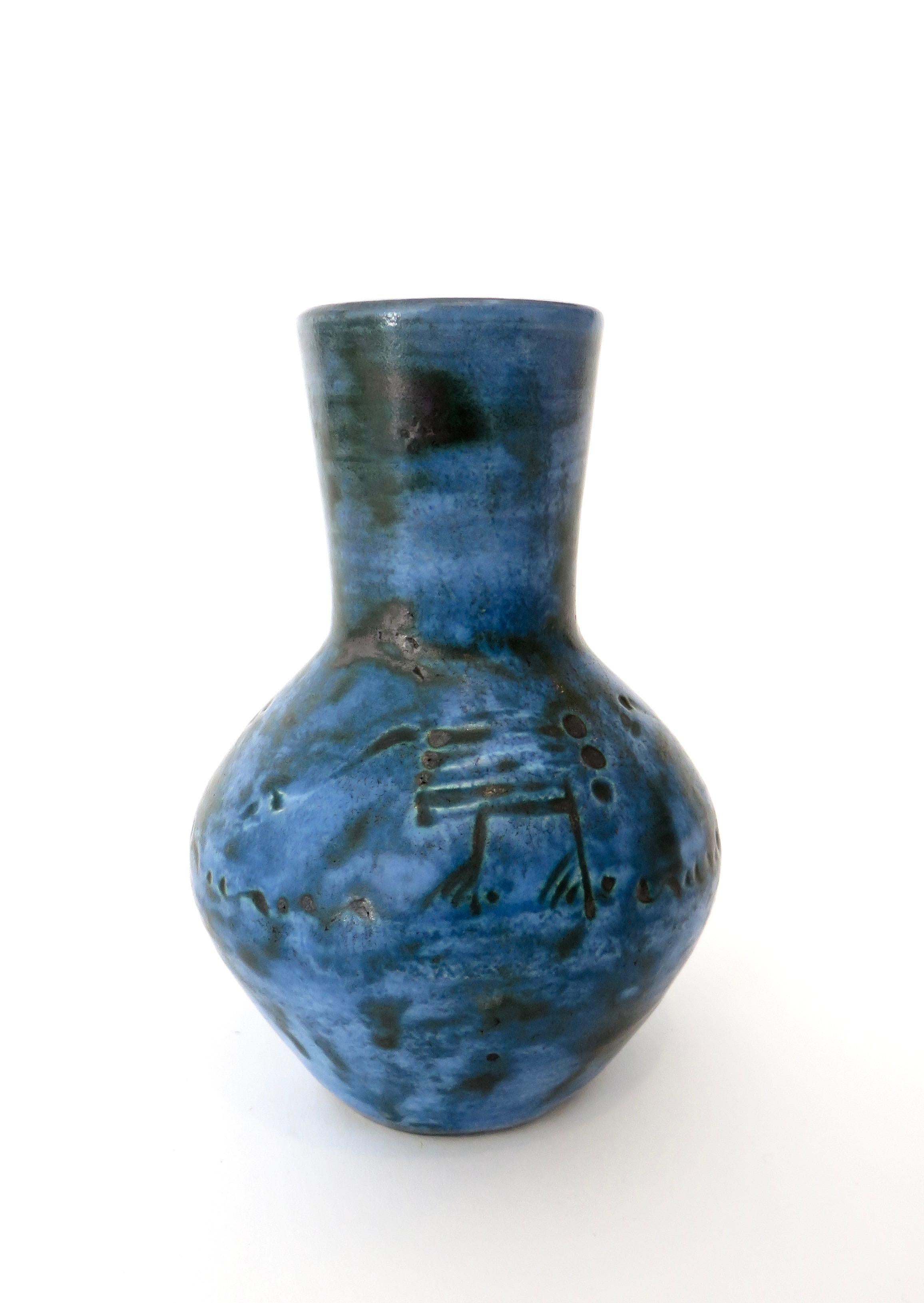 Mid-20th Century  Jacques Blin French Dark Blue Ceramic Ceramic Vase with Sgraffito Decoration