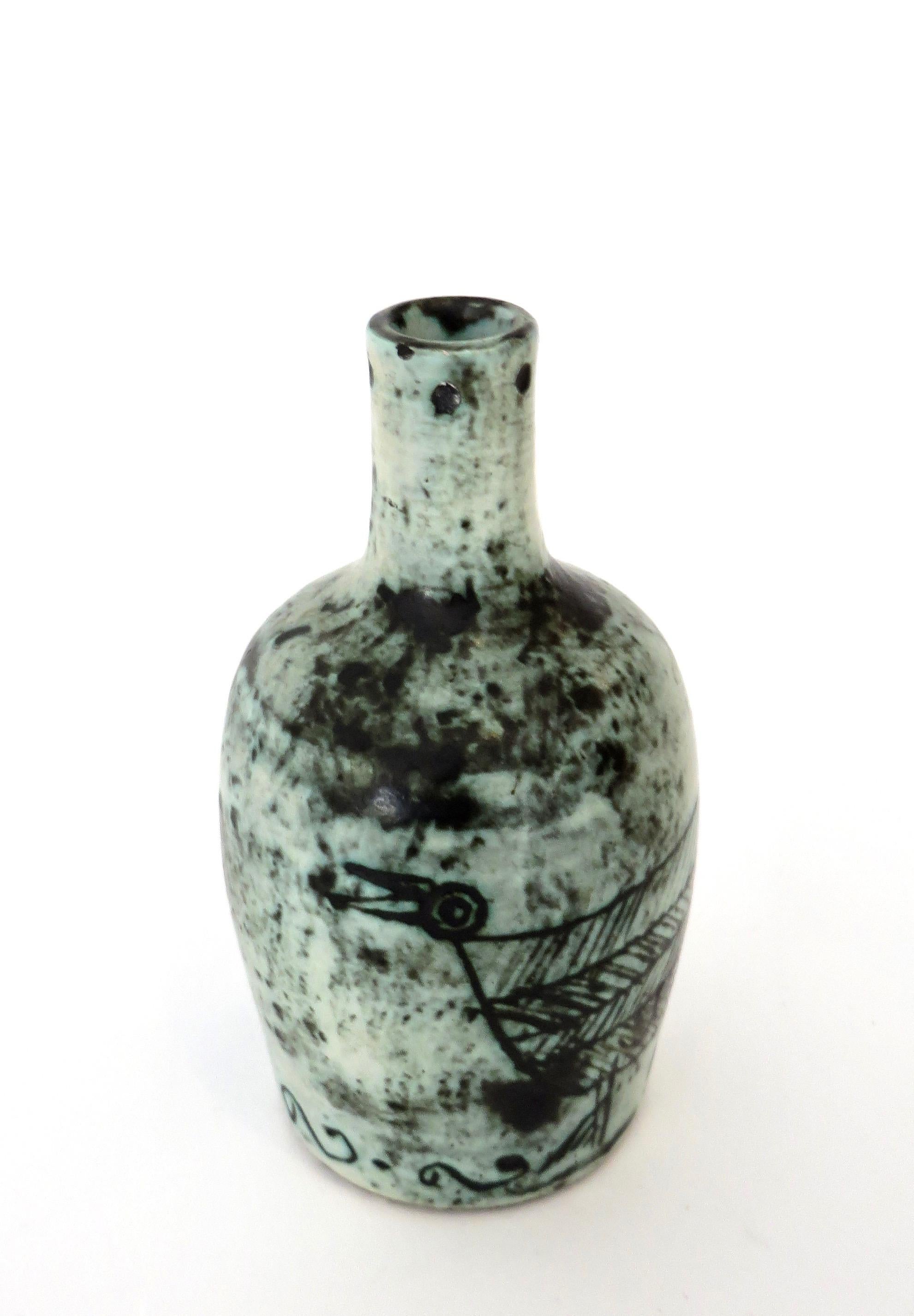Mid-20th Century French Ceramic Artist Jacques Blin Blue Ceramic Vase with Sgraffito Decoration 