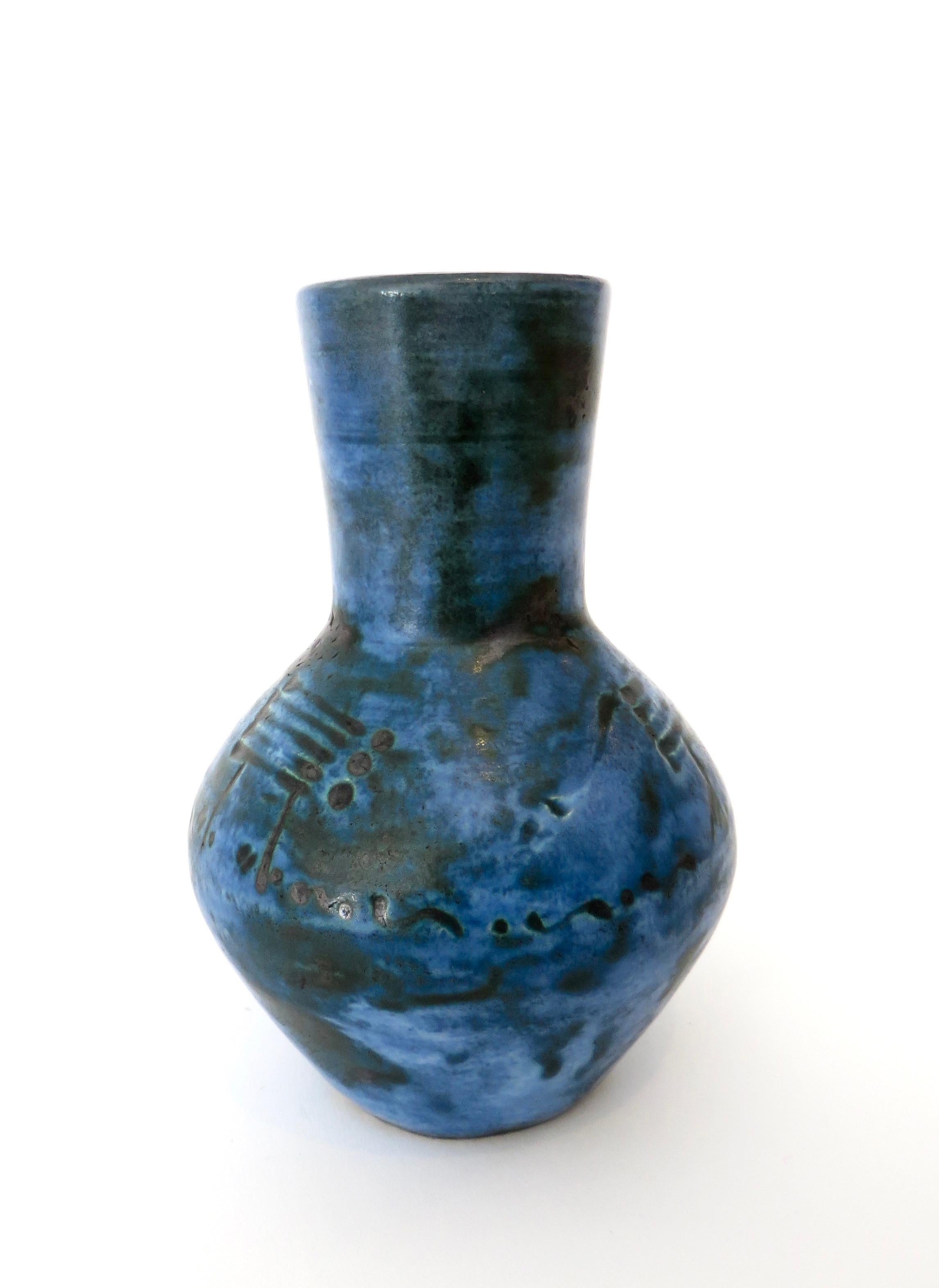 Jacques Blin French Dark Blue Ceramic Ceramic Vase with Sgraffito Decoration 1