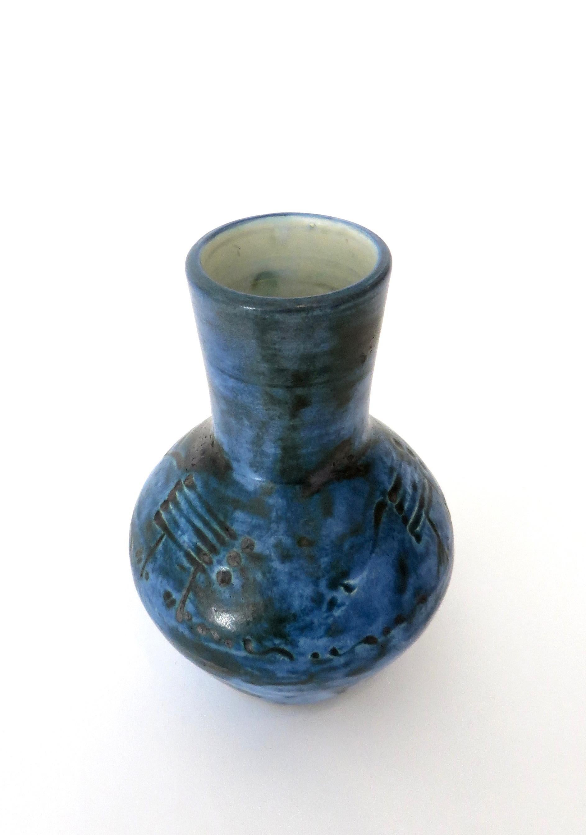  Jacques Blin French Dark Blue Ceramic Ceramic Vase with Sgraffito Decoration 2