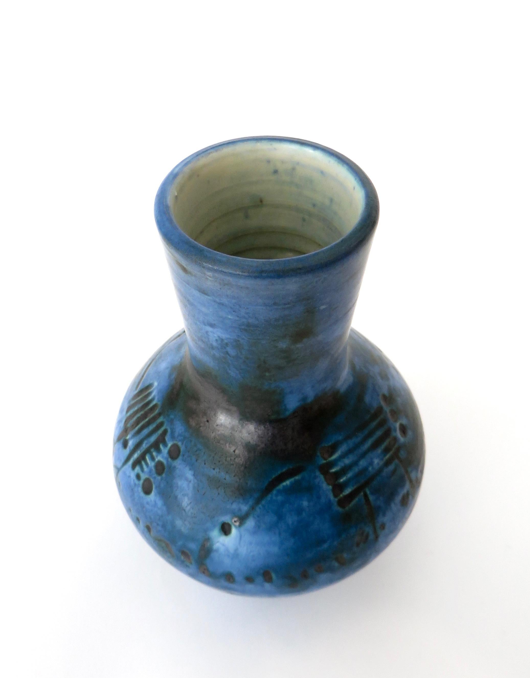  Jacques Blin French Dark Blue Ceramic Ceramic Vase with Sgraffito Decoration 3