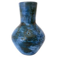  Jacques Blin French Dark Blue Ceramic Ceramic Vase with Sgraffito Decoration