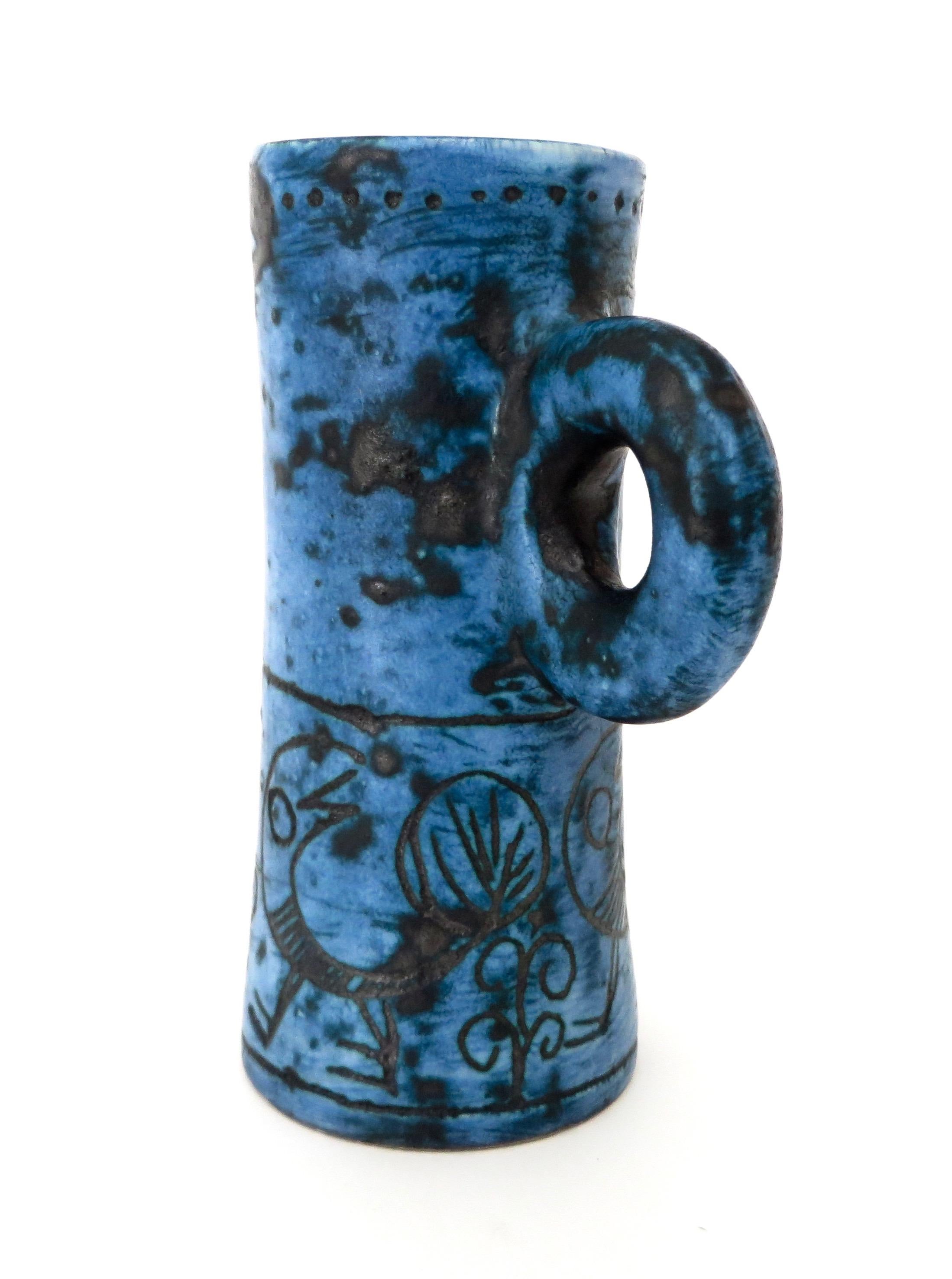 French Ceramic Artist Jacques Blin Dark Blue Sgraffito Ceramic Vase with Handle 5