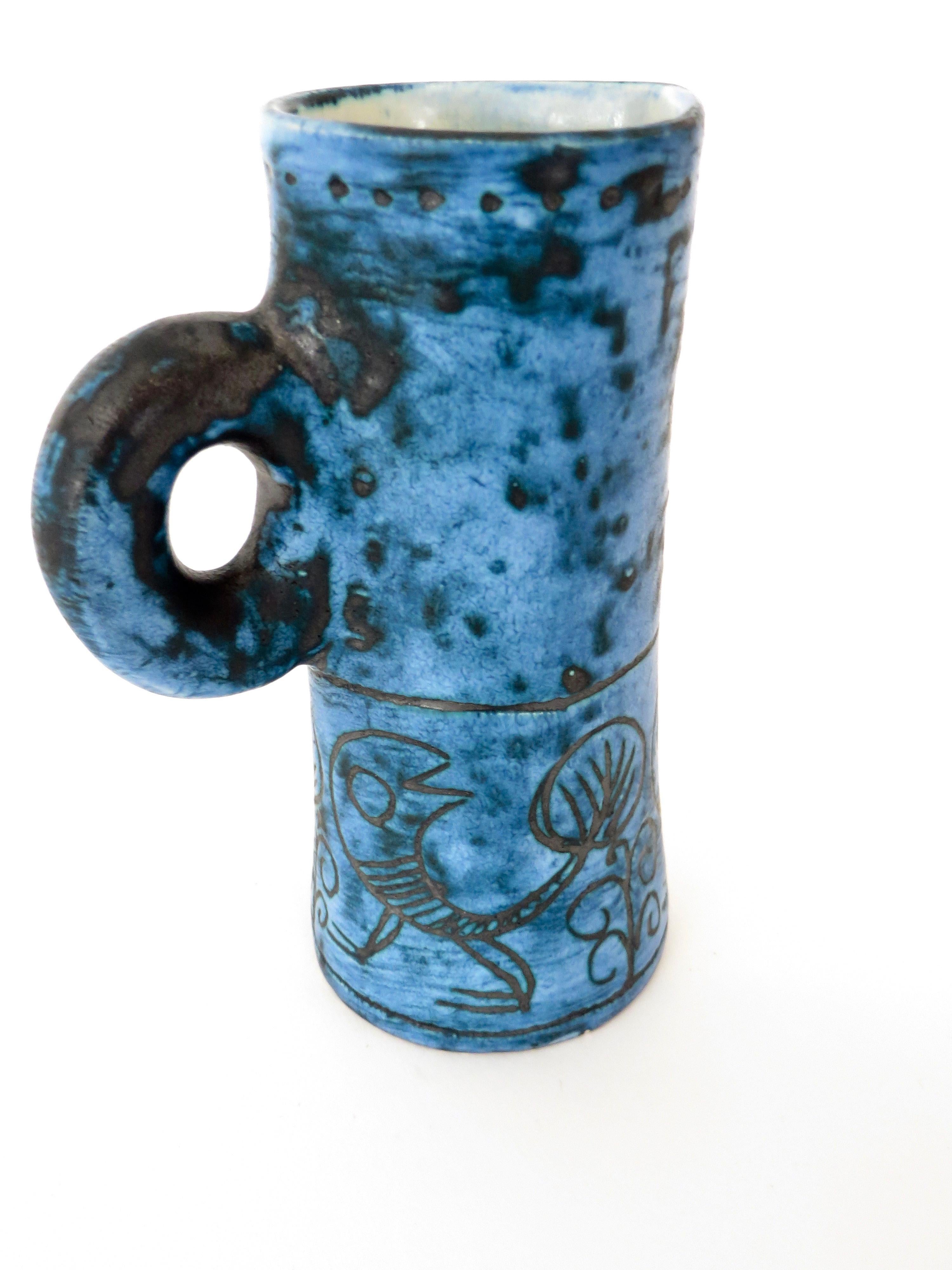 French Ceramic Artist Jacques Blin Dark Blue Sgraffito Ceramic Vase with Handle 6