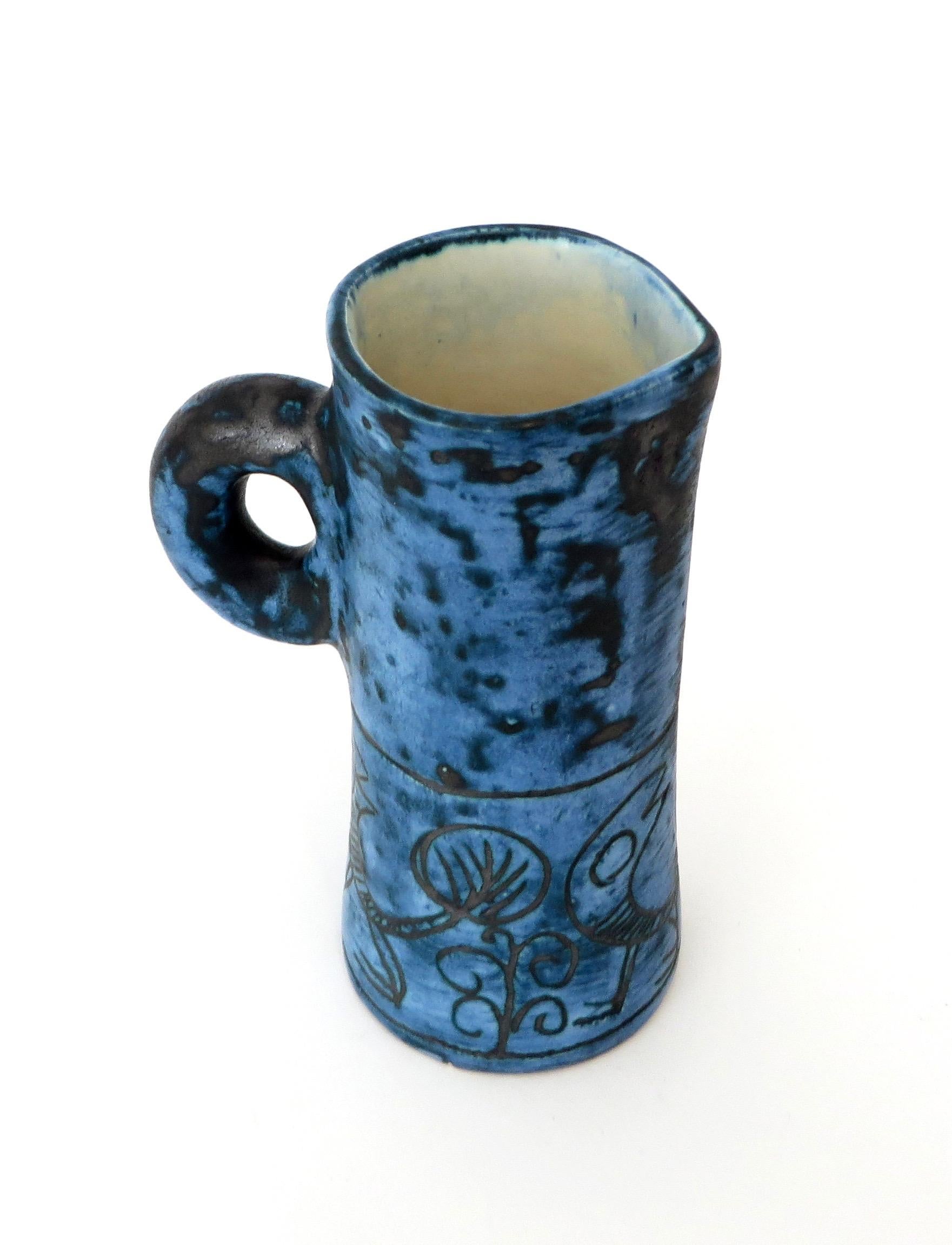 French Ceramic Artist Jacques Blin Dark Blue Sgraffito Ceramic Vase with Handle 7