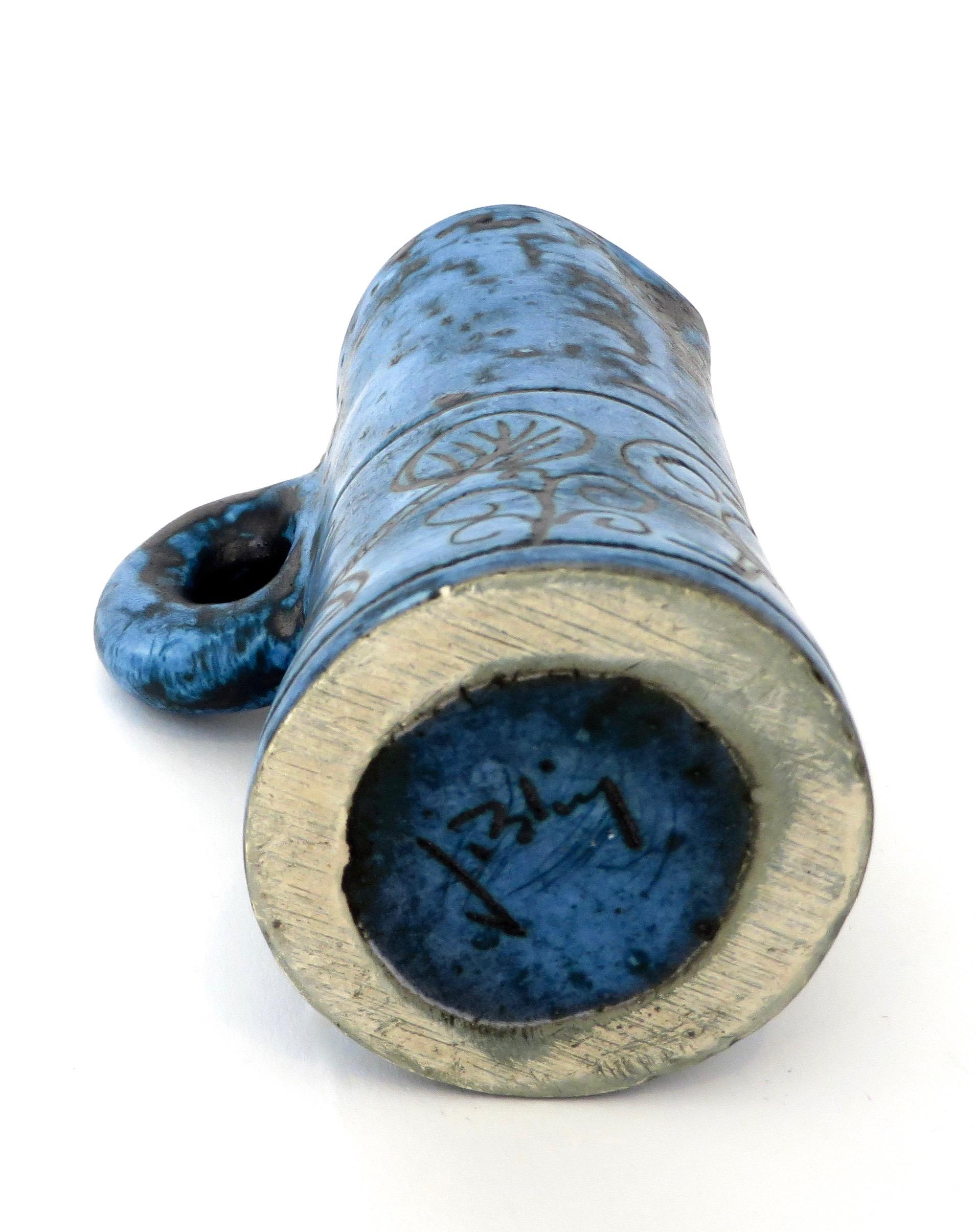 French Ceramic Artist Jacques Blin Dark Blue Sgraffito Ceramic Vase with Handle 8