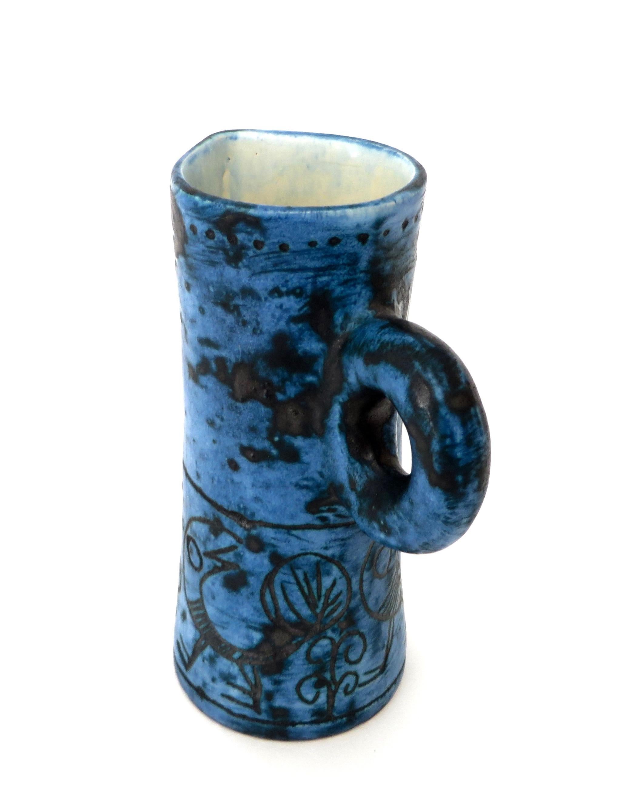 Mid-Century Modern French Ceramic Artist Jacques Blin Dark Blue Sgraffito Ceramic Vase with Handle