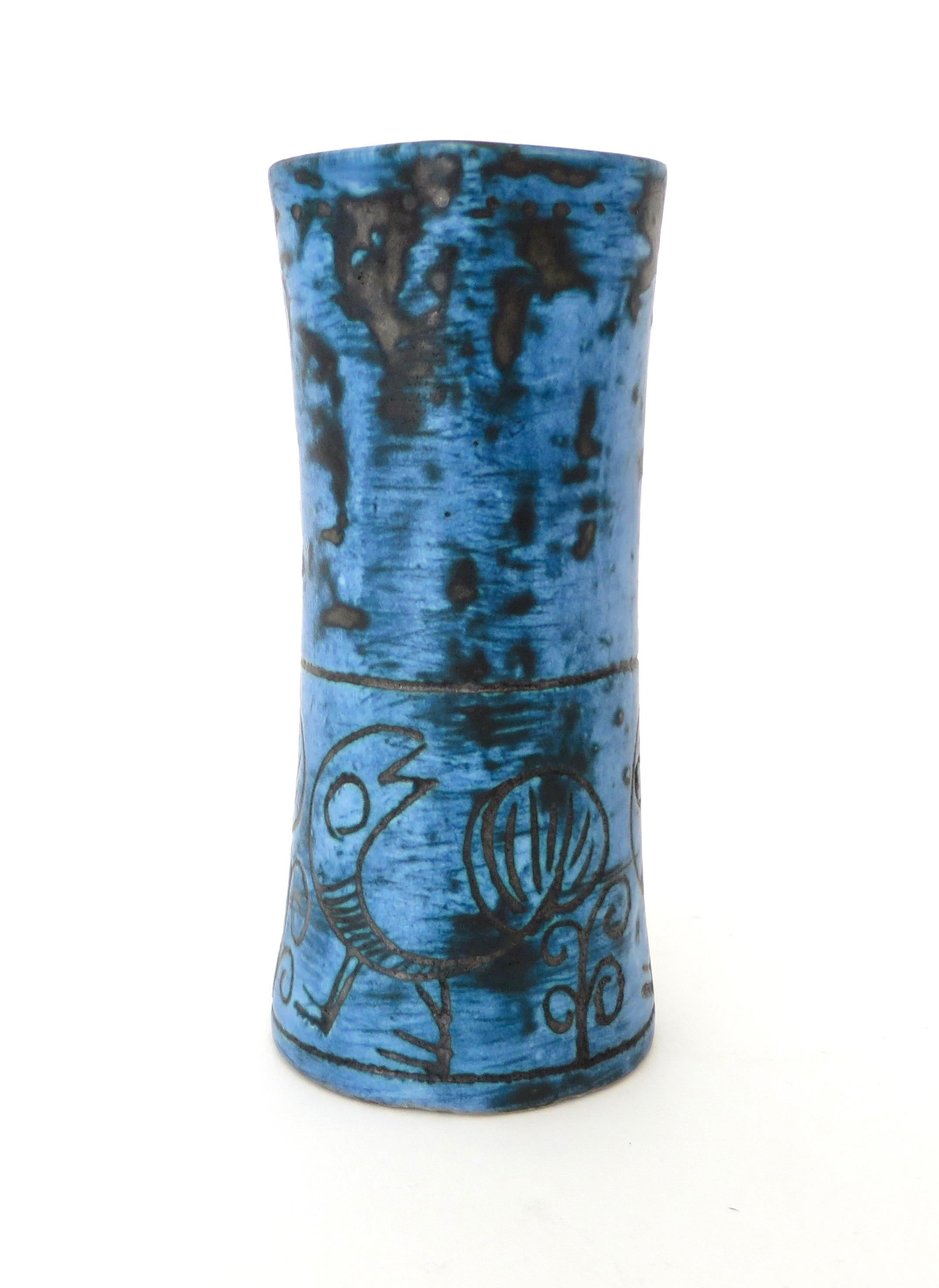 French Ceramic Artist Jacques Blin Dark Blue Sgraffito Ceramic Vase with Handle In Good Condition In Chicago, IL