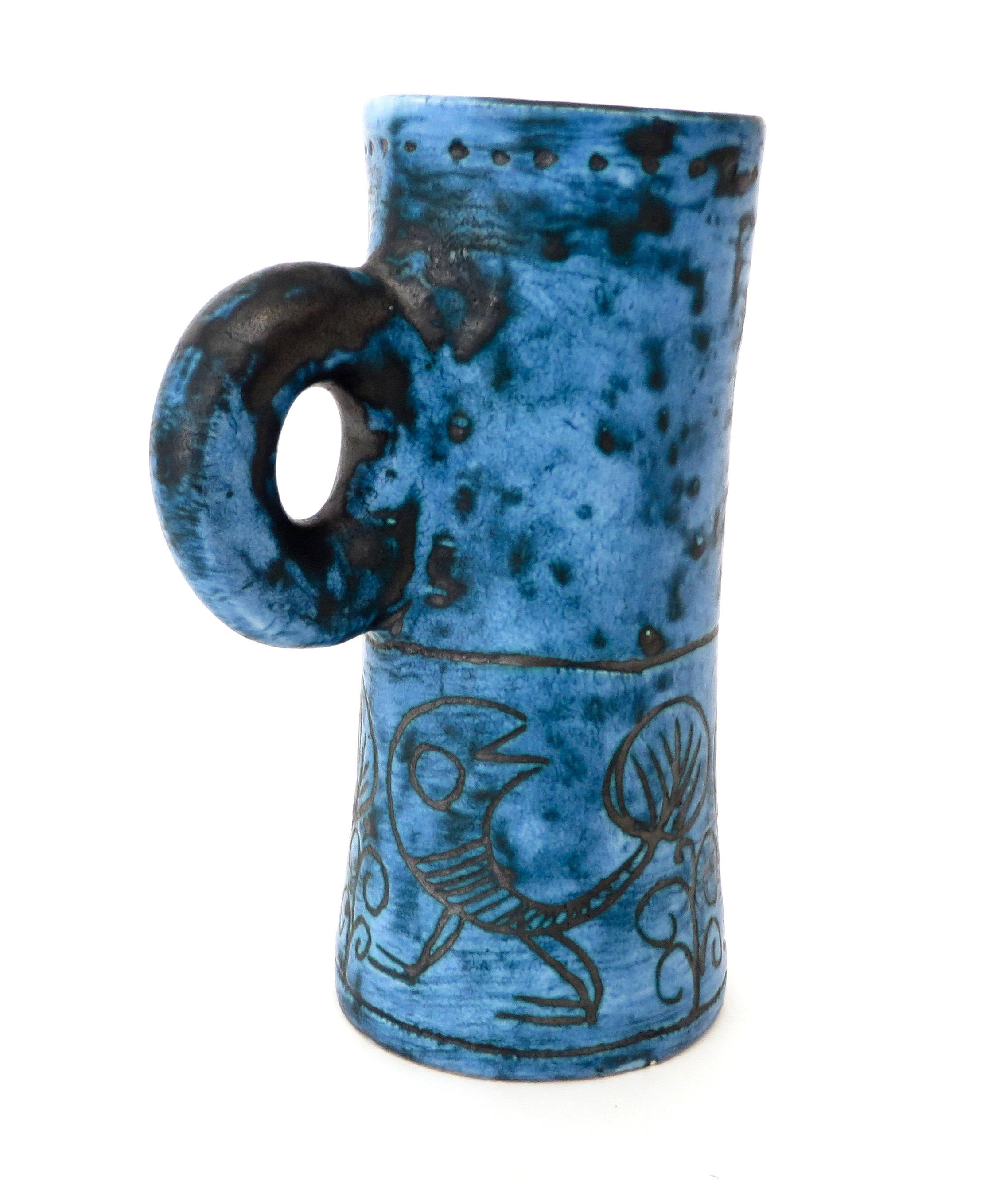 Mid-20th Century French Ceramic Artist Jacques Blin Dark Blue Sgraffito Ceramic Vase with Handle