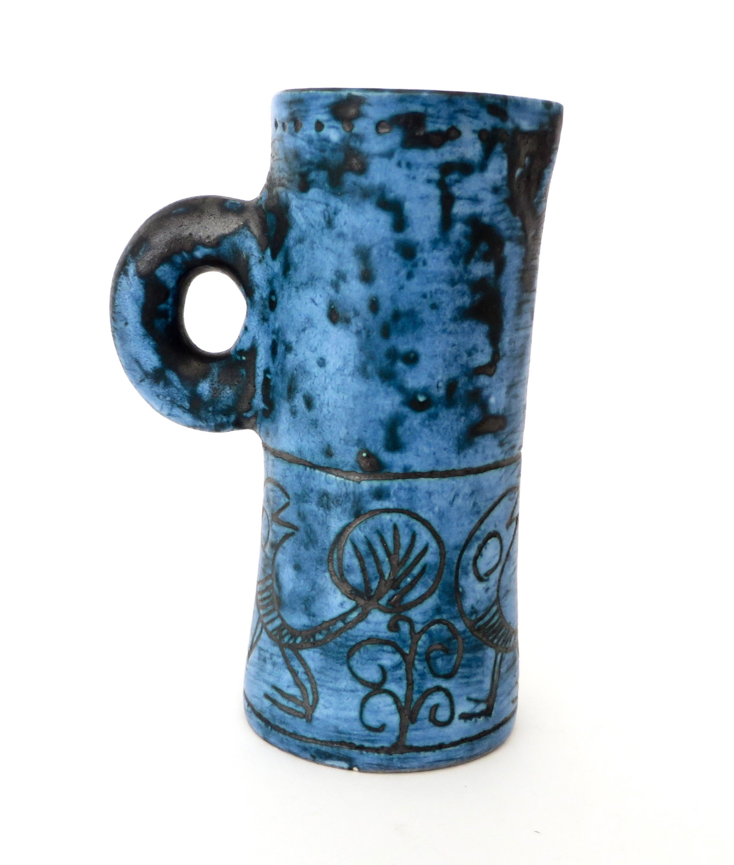 French Ceramic Artist Jacques Blin Dark Blue Sgraffito Ceramic Vase with Handle 1